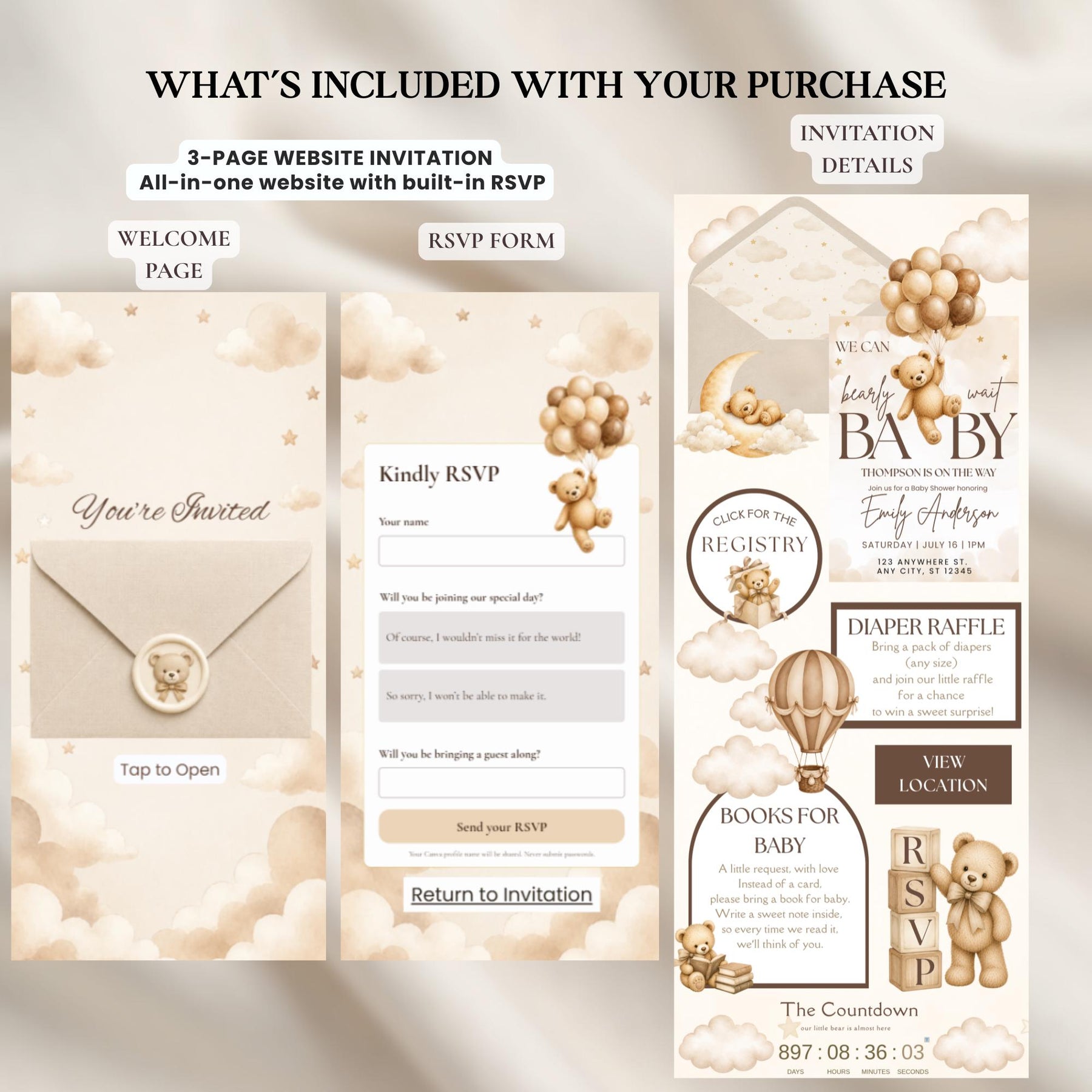 We Can Bearly Wait Neutral Baby Shower Website Invitation | Teddy Bear Baby Shower Invite | Editable Canva Template with RSVP