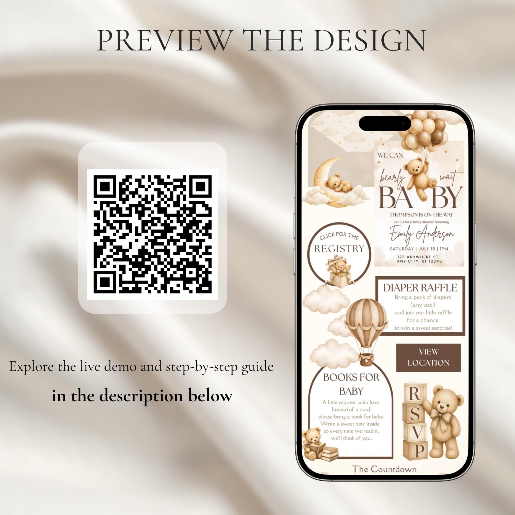 We Can Bearly Wait Neutral Baby Shower Website Invitation | Teddy Bear Baby Shower Invite | Editable Canva Template with RSVP