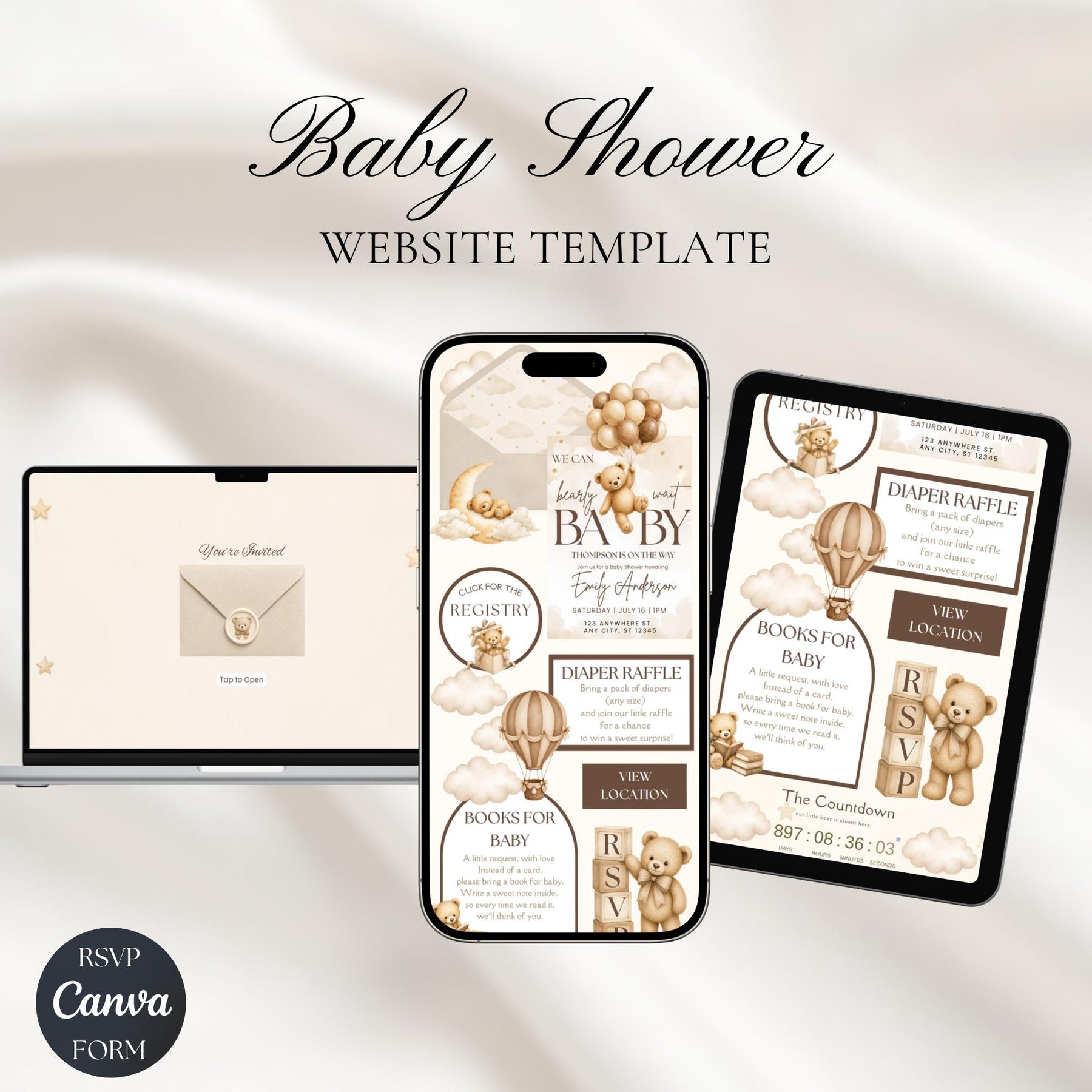 We Can Bearly Wait Neutral Baby Shower Website Invitation | Teddy Bear Baby Shower Invite | Editable Canva Template with RSVP