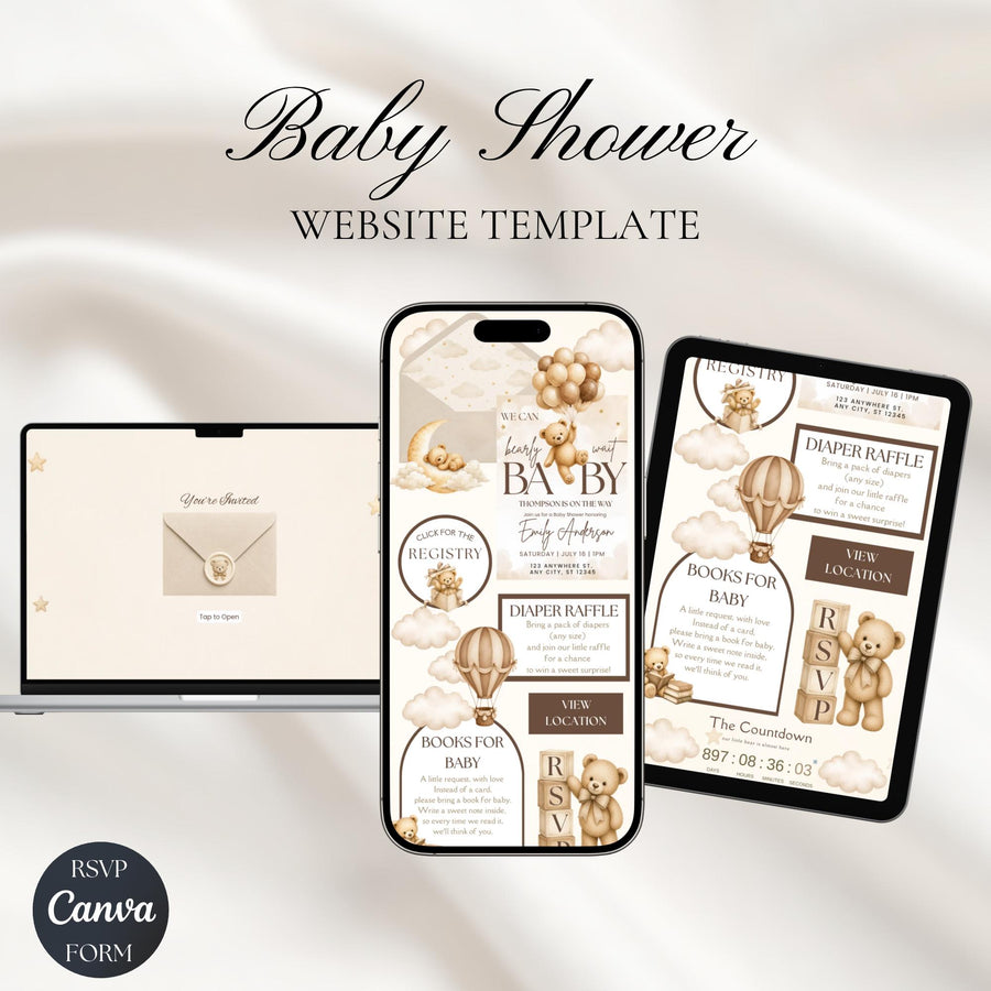 We Can Bearly Wait Neutral Baby Shower Website Invitation | Teddy Bear Baby Shower Invite | Editable Canva Template with RSVP