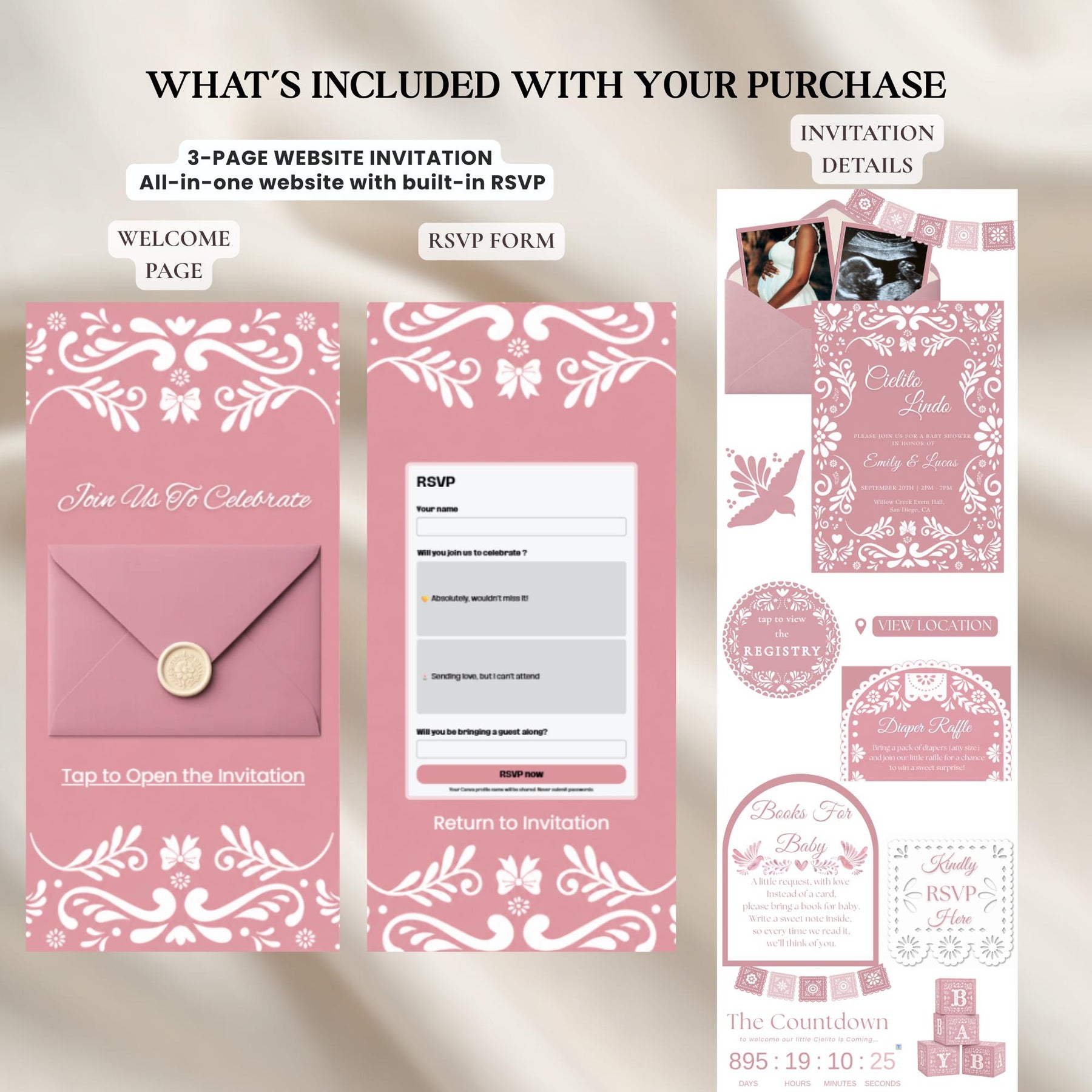 Pink Cielito Lindo Baby Shower Website Invitation, Mexican Baby Shower Invite Template, Editable Canva Design, RSVP, Papel Picado Theme