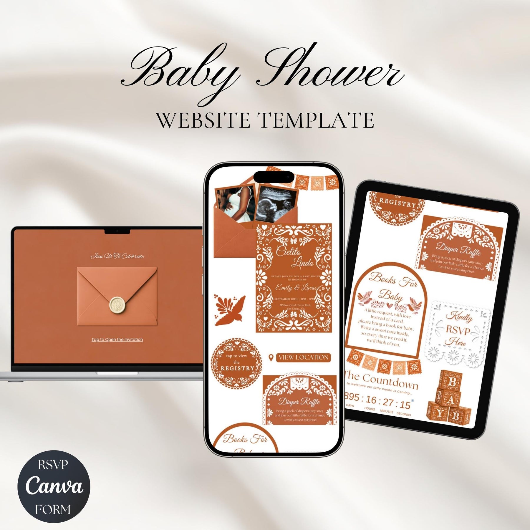 Cielito Lindo Baby Shower Website Invitation, Orange Mexican Invite, Editable Canva Template, RSVP, Papel Picado Theme