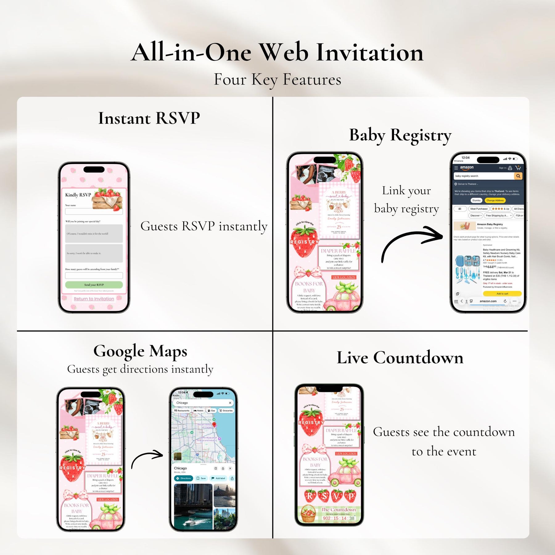 Berry Sweet Baby Shower Website Invitation Template | Strawberry Baby Shower Invite | Editable Canva Template with RSVP
