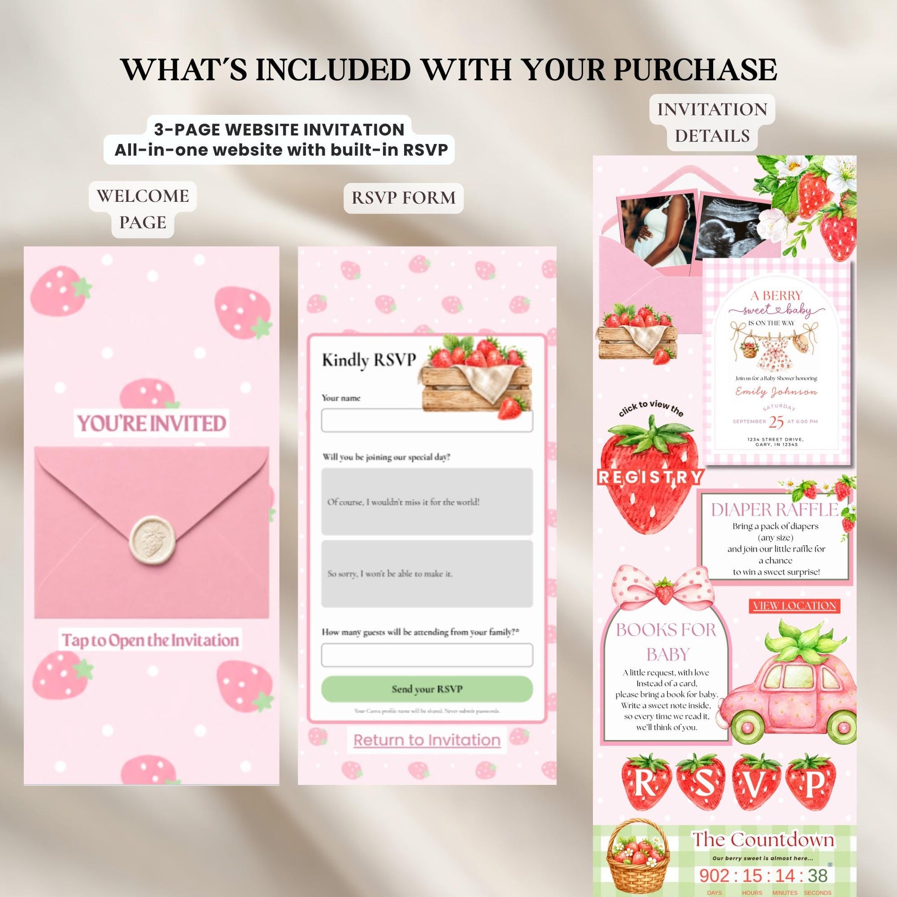 Berry Sweet Baby Shower Website Invitation Template | Strawberry Baby Shower Invite | Editable Canva Template with RSVP