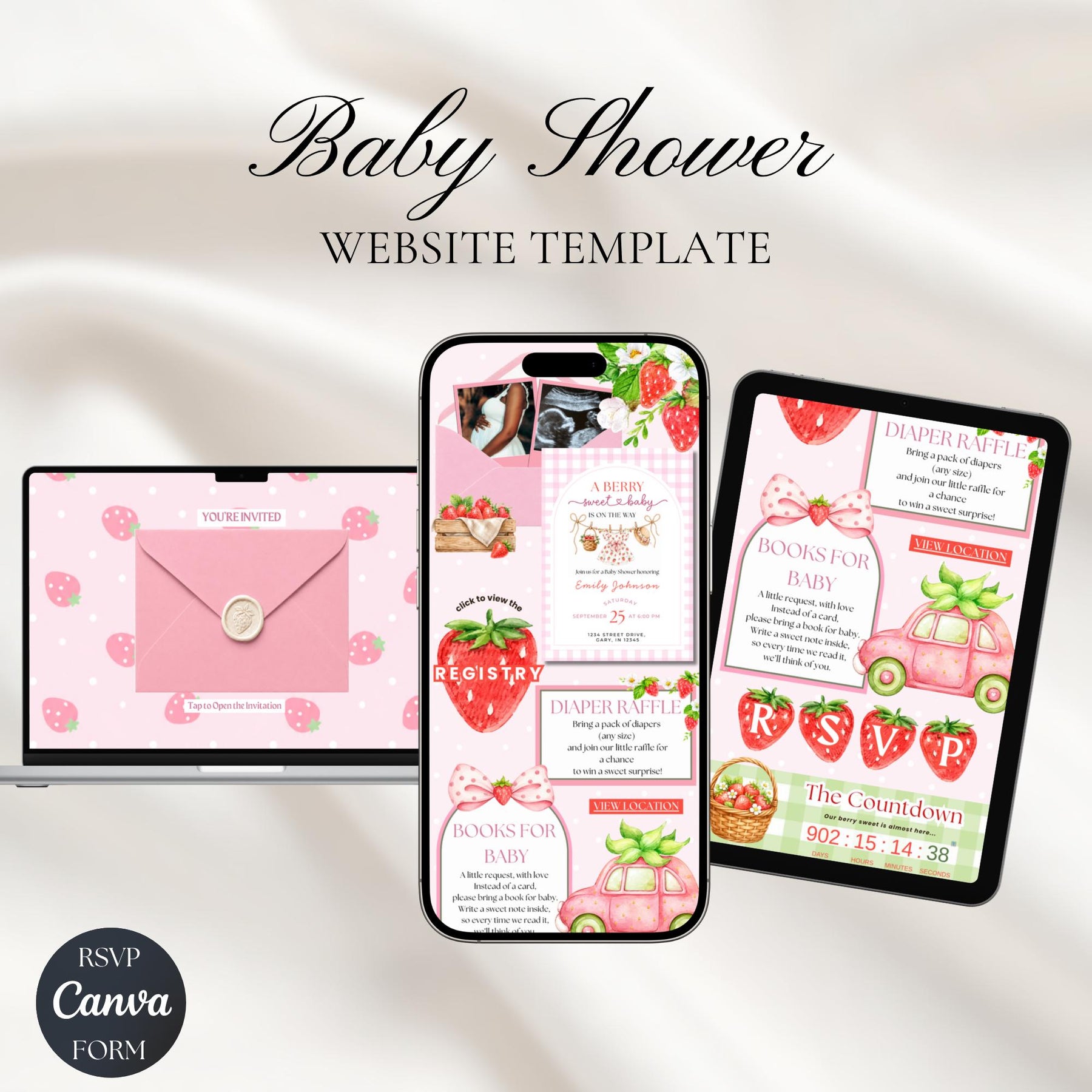Berry Sweet Baby Shower Website Invitation Template | Strawberry Baby Shower Invite | Editable Canva Template with RSVP