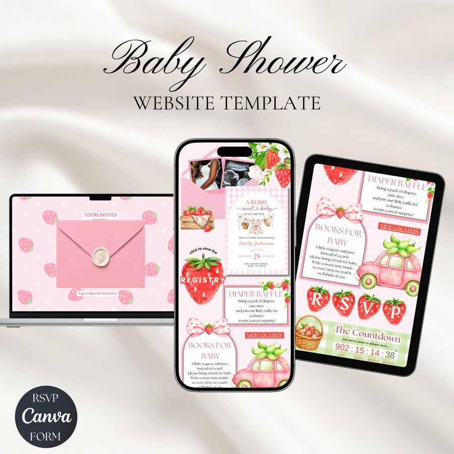 Berry Sweet Baby Shower Website Invitation Template | Strawberry Baby Shower Invite | Editable Canva Template with RSVP