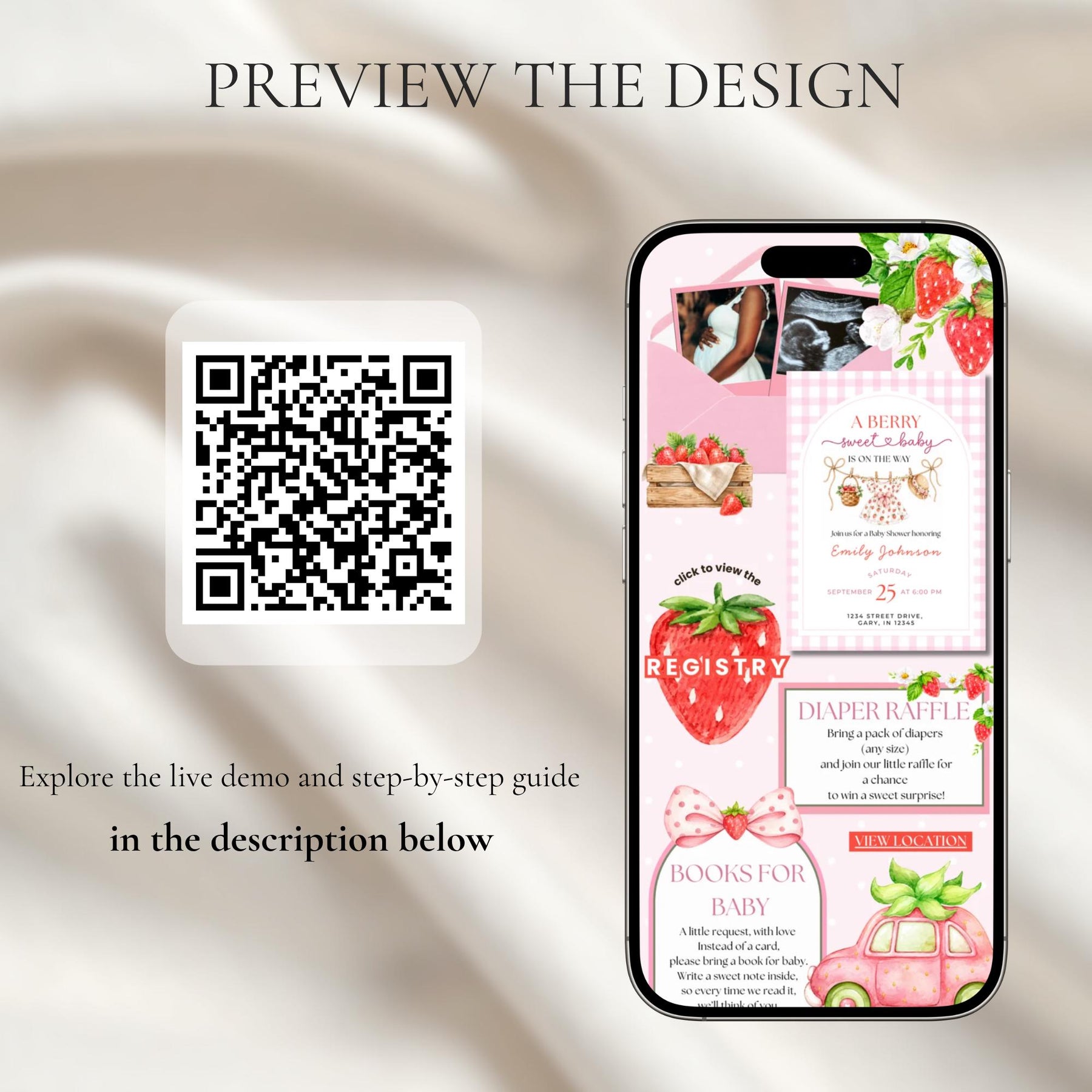 Berry Sweet Baby Shower Website Invitation Template | Strawberry Baby Shower Invite | Editable Canva Template with RSVP