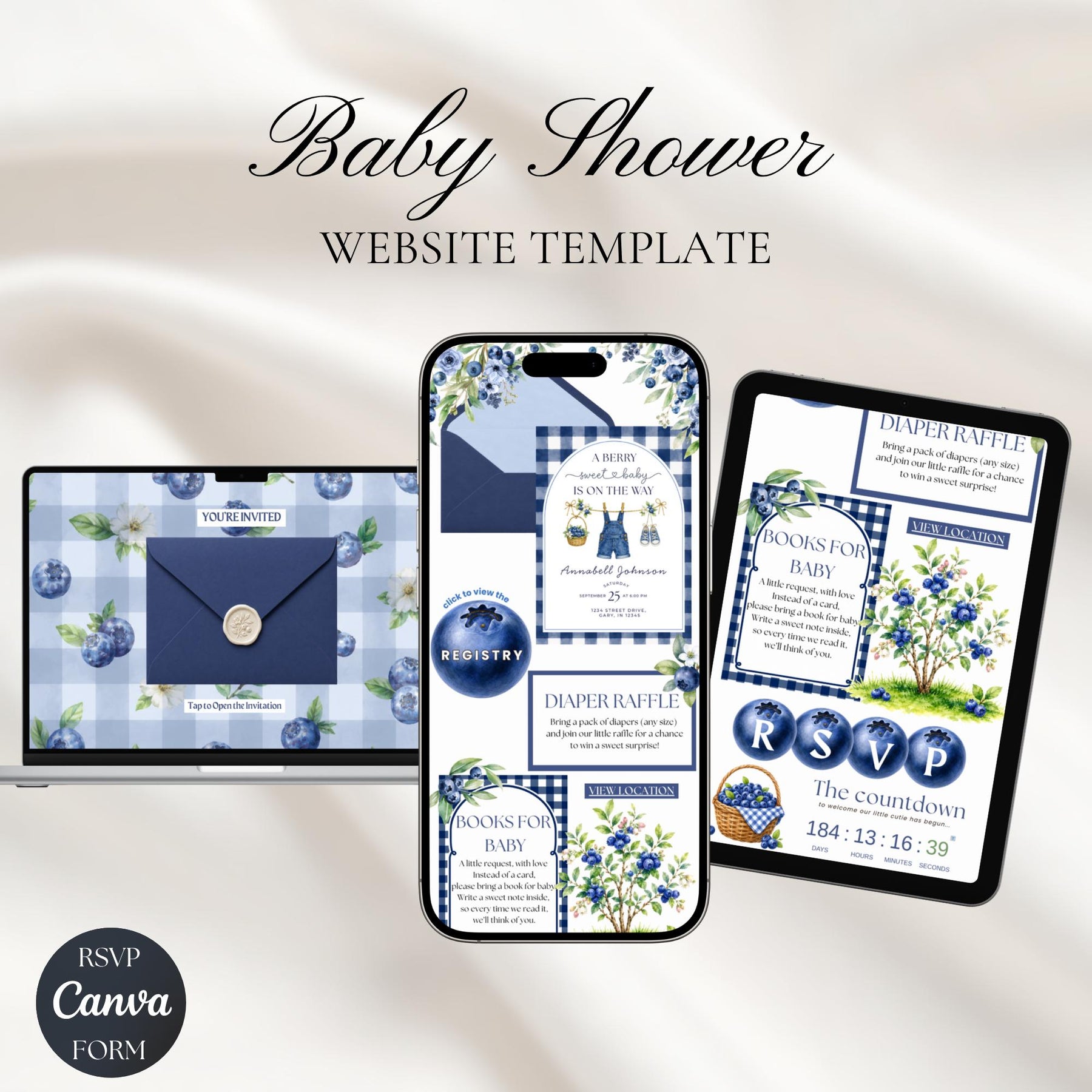 Berry Sweet Baby Shower Invitation Template, Editable Blueberry Baby Shower Invite, Canva Website Invitation with RSVP