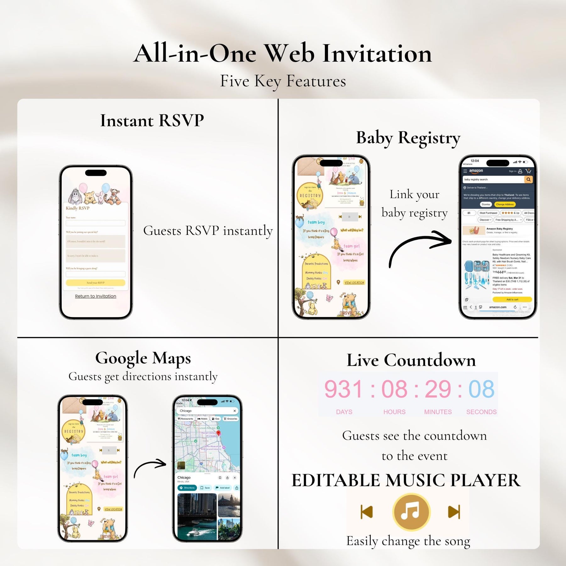 Winnie the Pooh Gender Reveal Invitation Website with RSVP | He or She Baby Shower | Digital Download