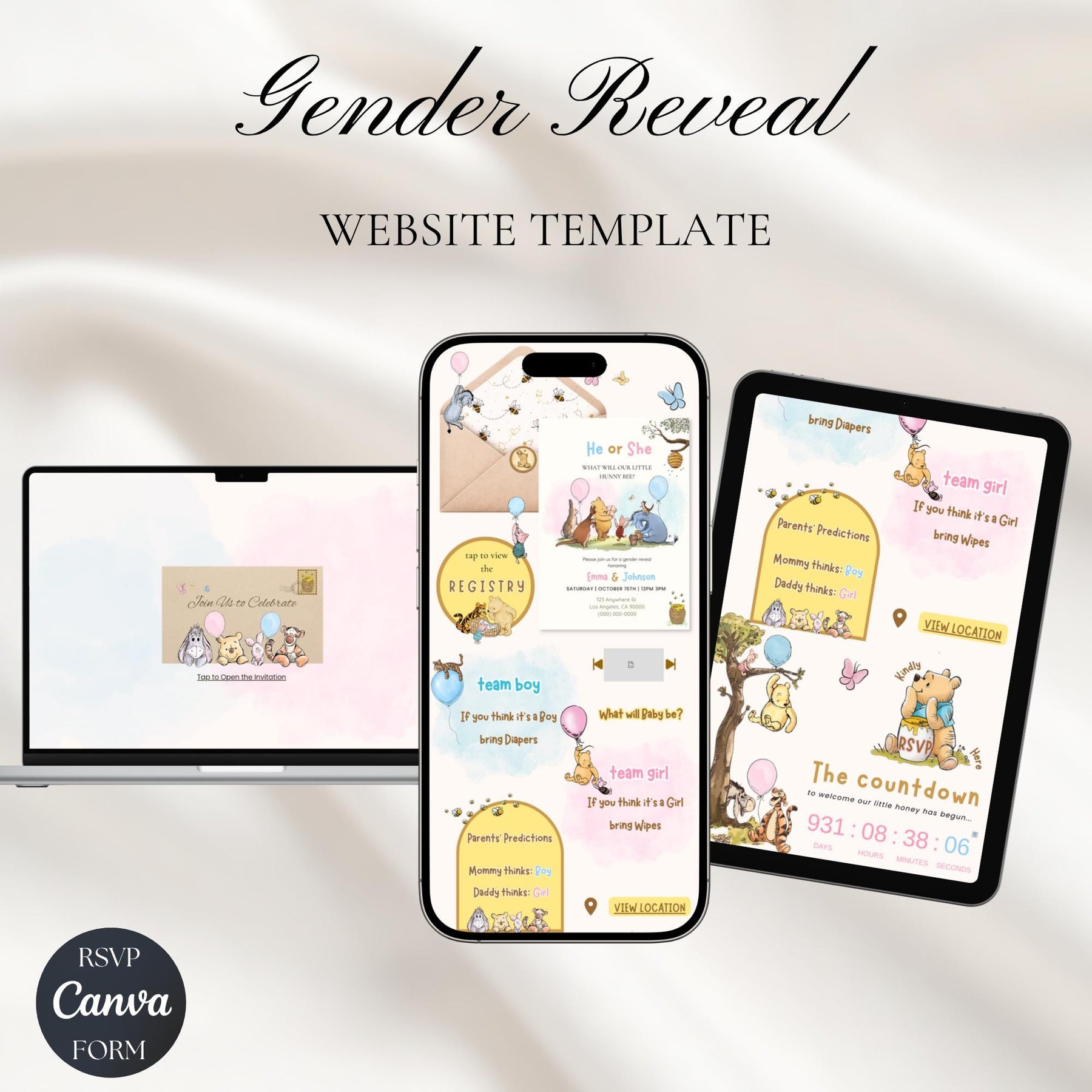 Winnie the Pooh Gender Reveal Invitation Website with RSVP | He or She Baby Shower | Digital Download