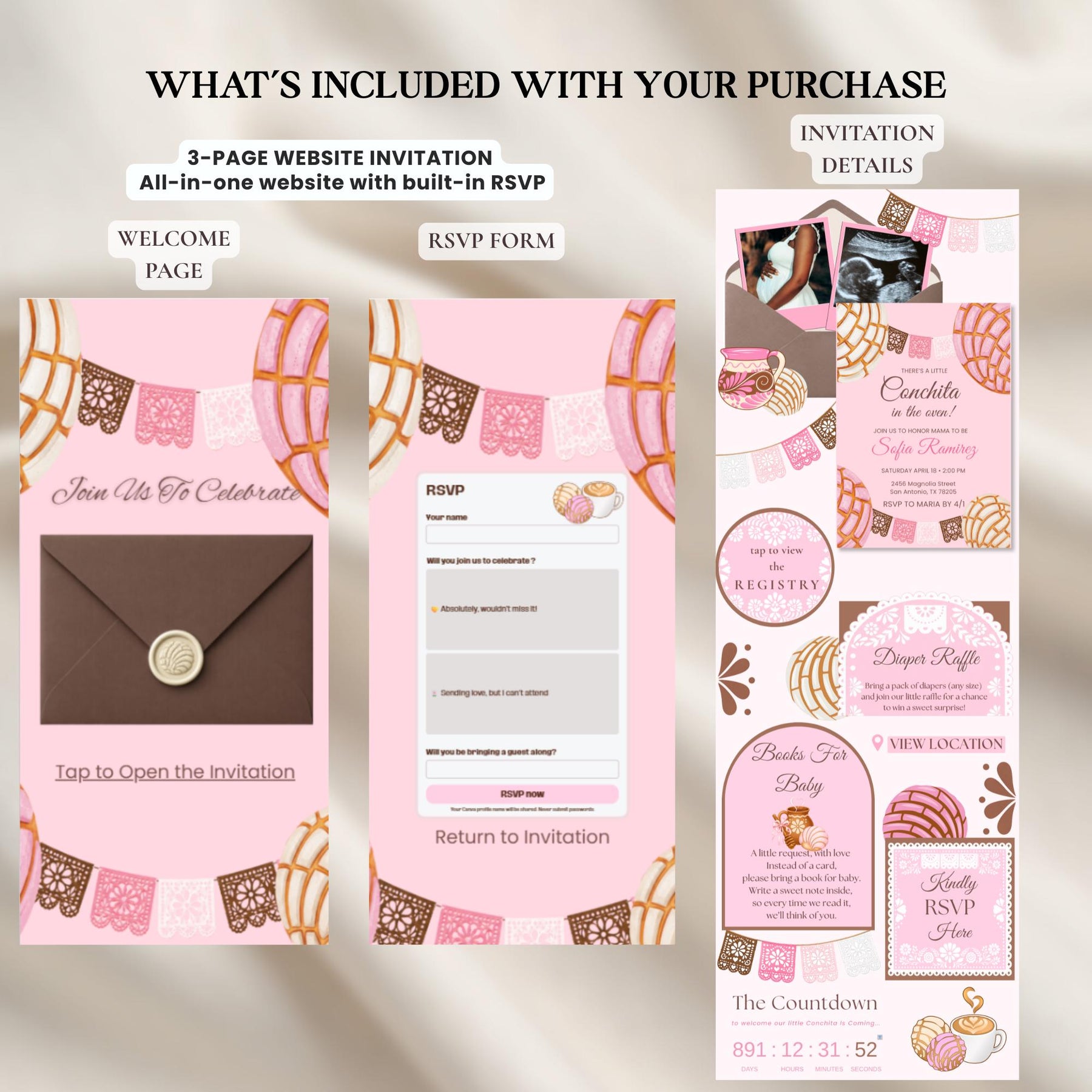 Concha Baby Shower Invitation Website | Little Conchita Mexican Baby Shower Invite | Editable Canva Template with RSVP | Digital Download