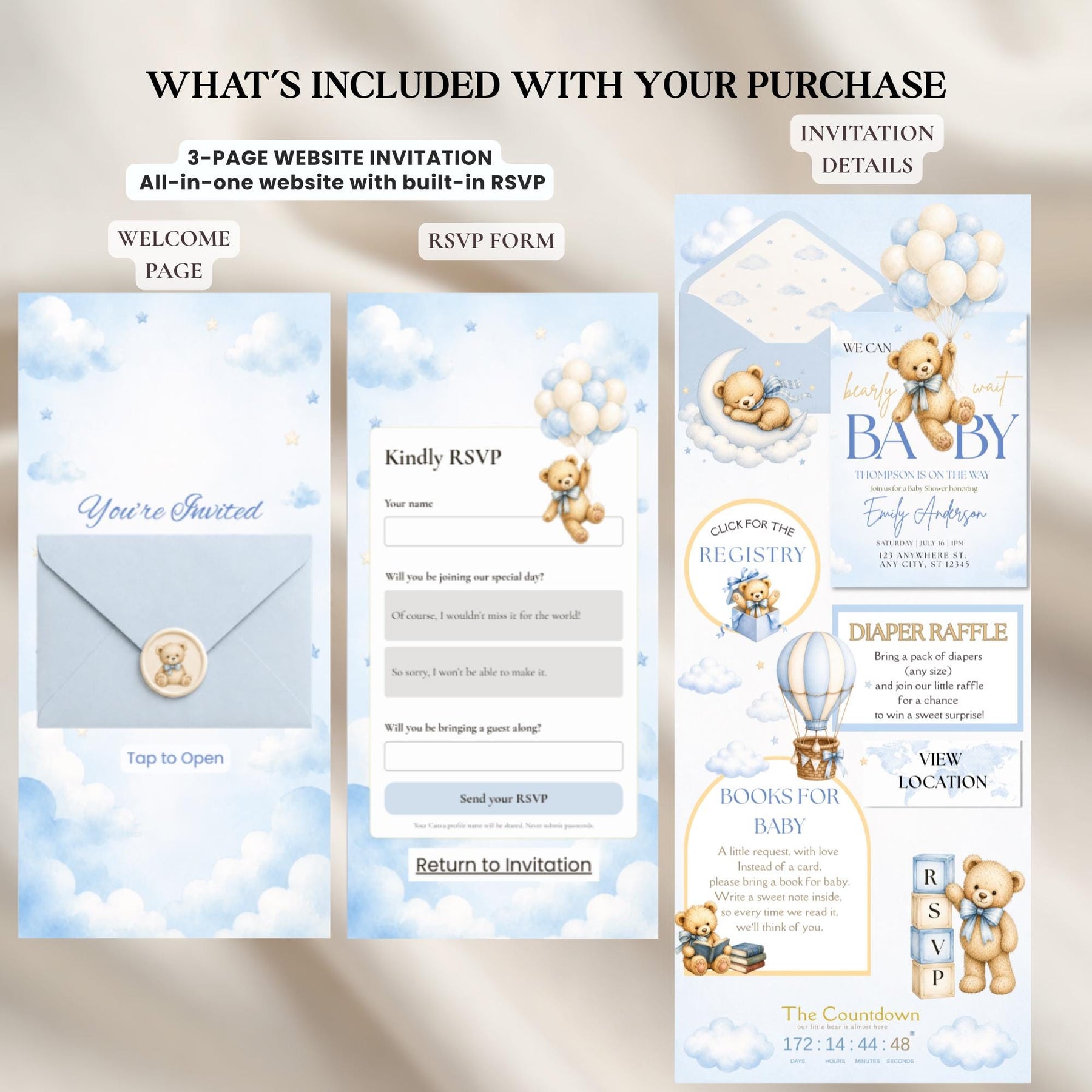 We Can Bearly Wait Baby Shower Website Invitation | Teddy Bear Baby Shower Invite Template | Editable Canva Invitation with RSVP