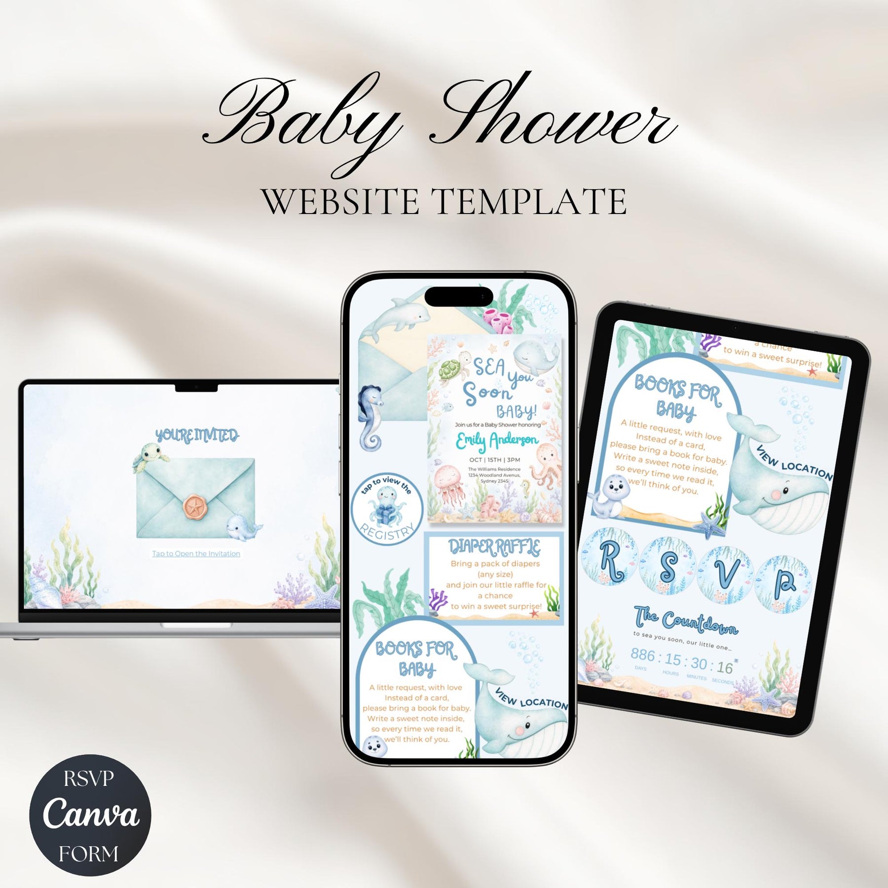 Sea You Soon Baby Shower Website Invitation with RSVP | Ocean Baby Shower Digital Invite | Editable Canva Template