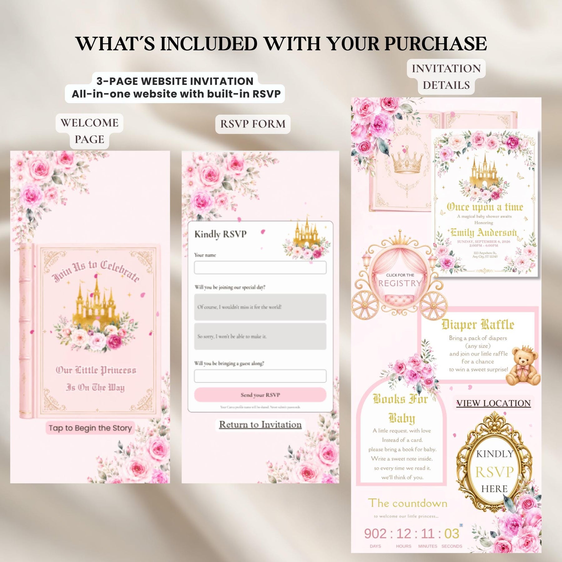 Once Upon a Time Baby Shower Invitation for Girl | Princess Storybook Baby Shower Website Invitation with RSVP | Editable Canva Template