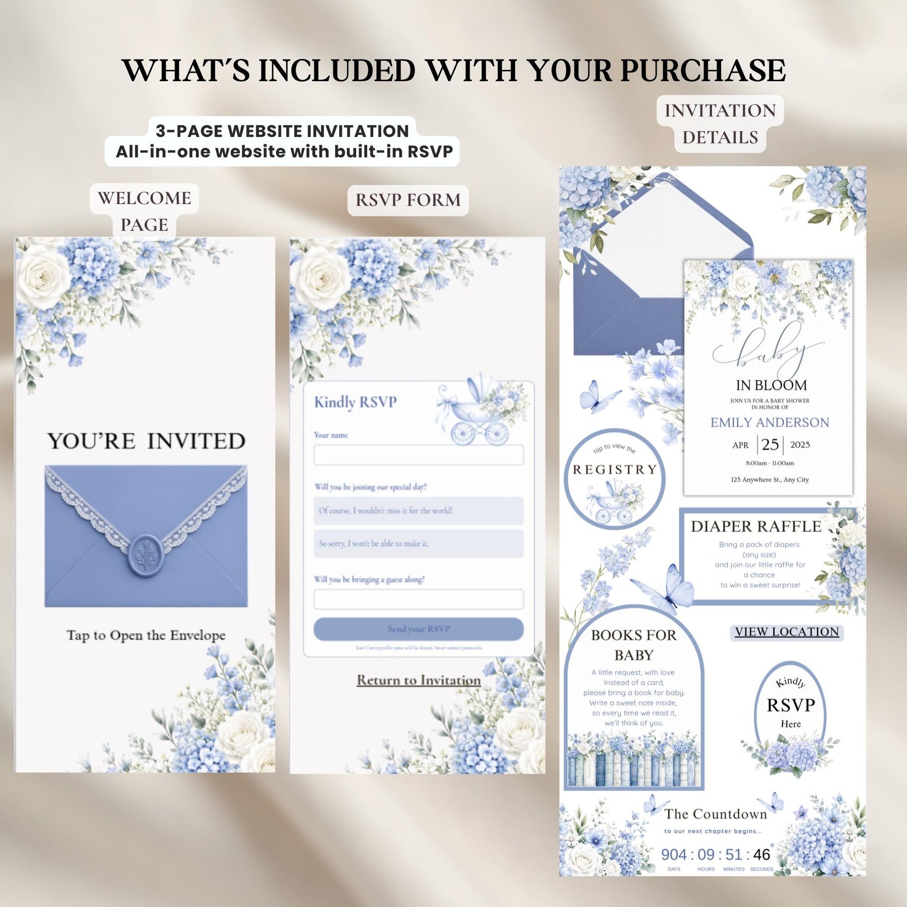Dusty Blue Baby in Bloom Baby Shower Invitation | Editable Baby Boy Website Invite with RSVP | Canva Template