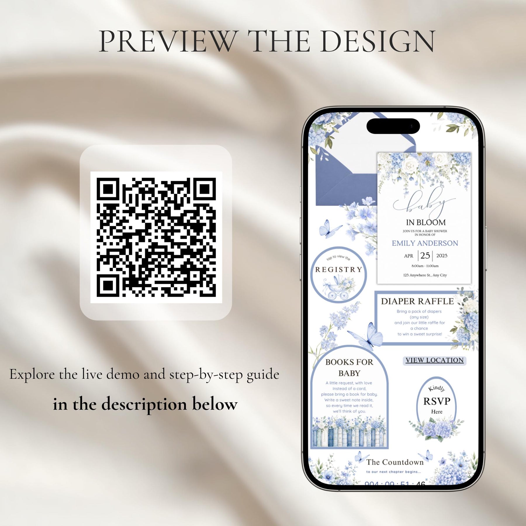 Dusty Blue Baby in Bloom Baby Shower Invitation | Editable Baby Boy Website Invite with RSVP | Canva Template