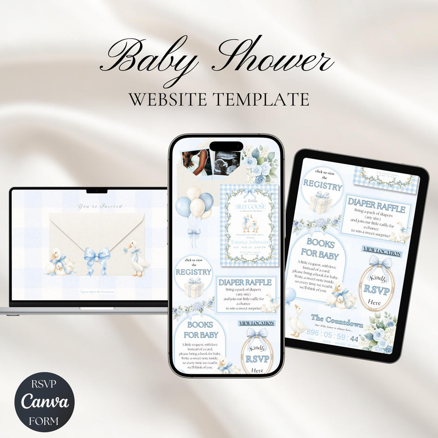Blue Silly Goose Baby Shower Website Invitation with RSVP, Editable Canva Template, Gingham Goose Baby Shower Invite