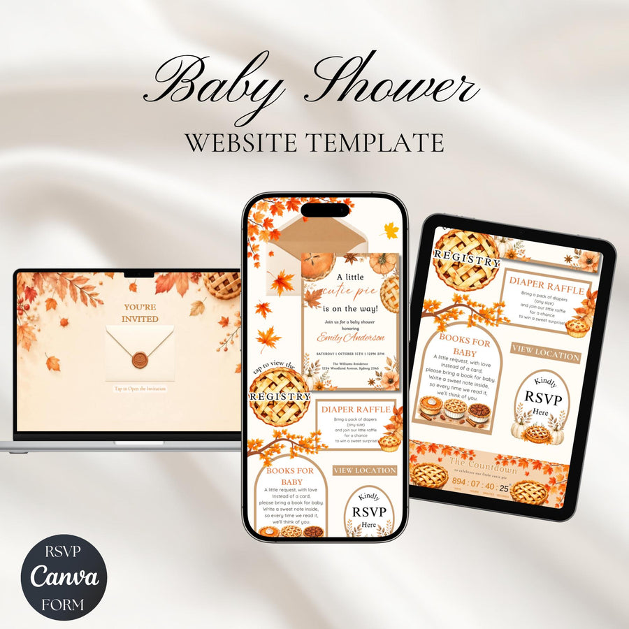 Cutie Pie Baby Shower Website Invitation with RSVP | Editable Pumpkin Pie Digital Invite | Fall Baby Shower Canva Template