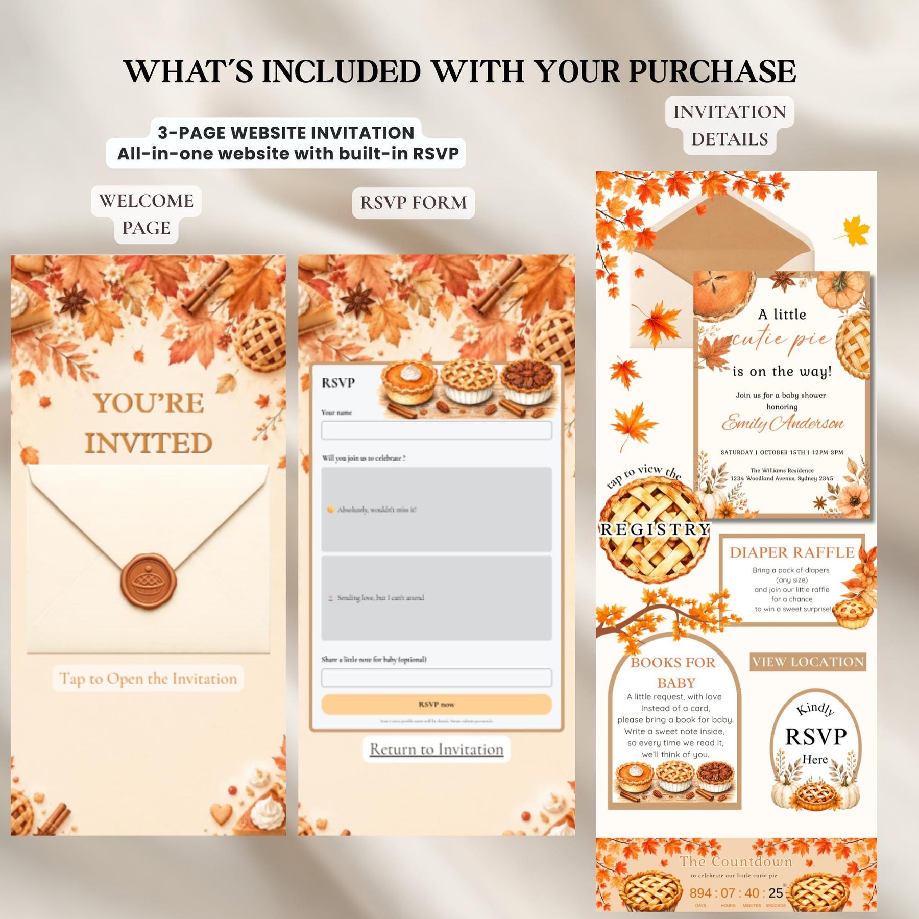 Cutie Pie Baby Shower Website Invitation with RSVP | Editable Pumpkin Pie Digital Invite | Fall Baby Shower Canva Template