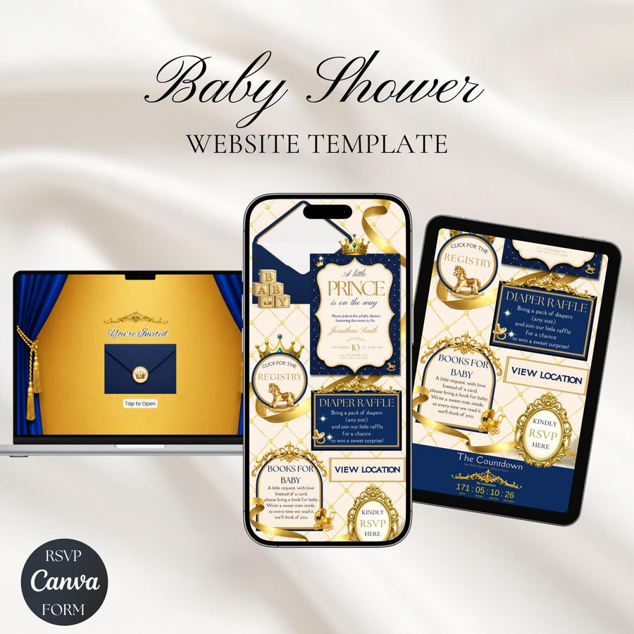 Royal Prince Baby Shower Invitation Website with RSVP | Editable Canva Baby Shower Invite | Blue & Gold Baby Boy Invitation