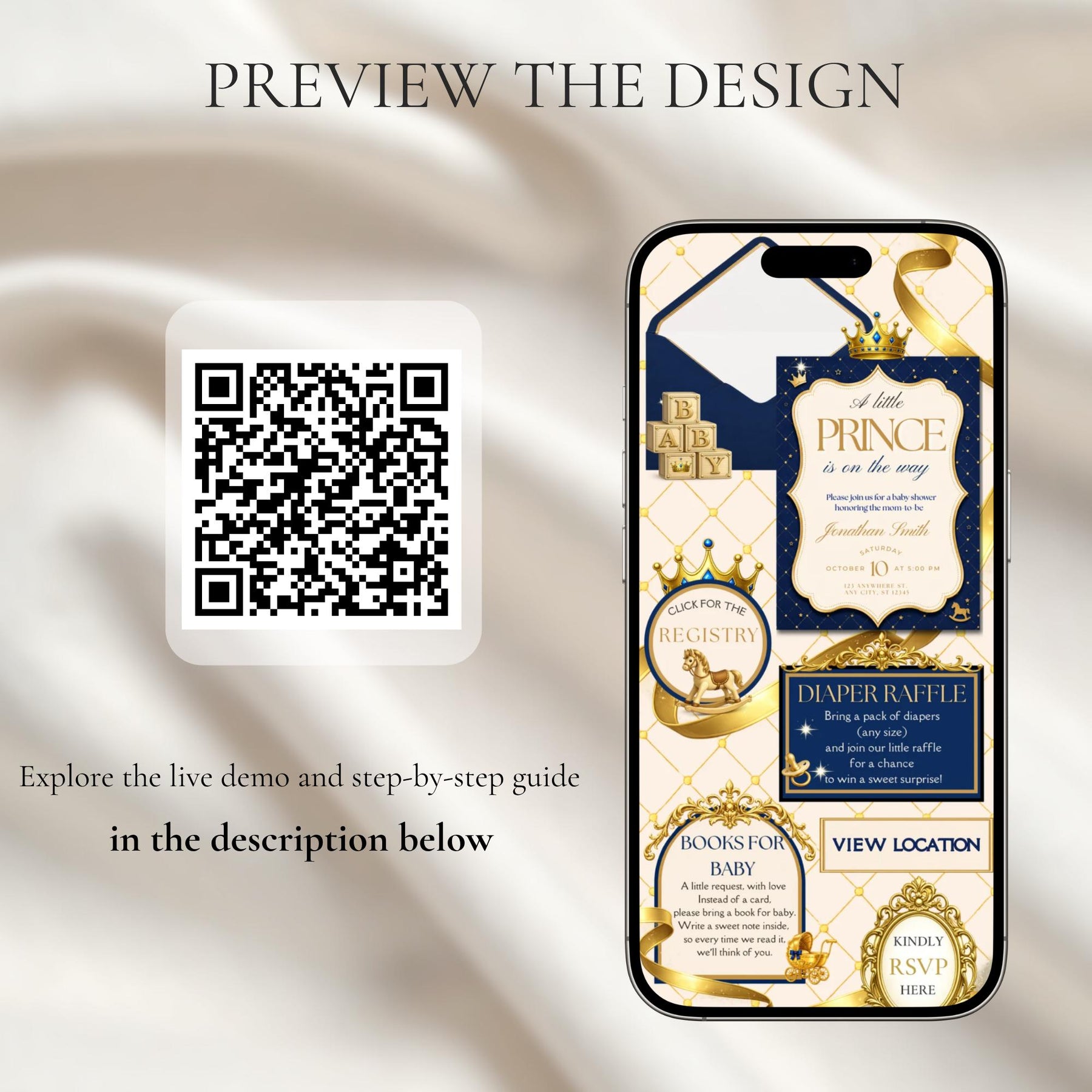 Royal Prince Baby Shower Invitation Website with RSVP | Editable Canva Baby Shower Invite | Blue & Gold Baby Boy Invitation