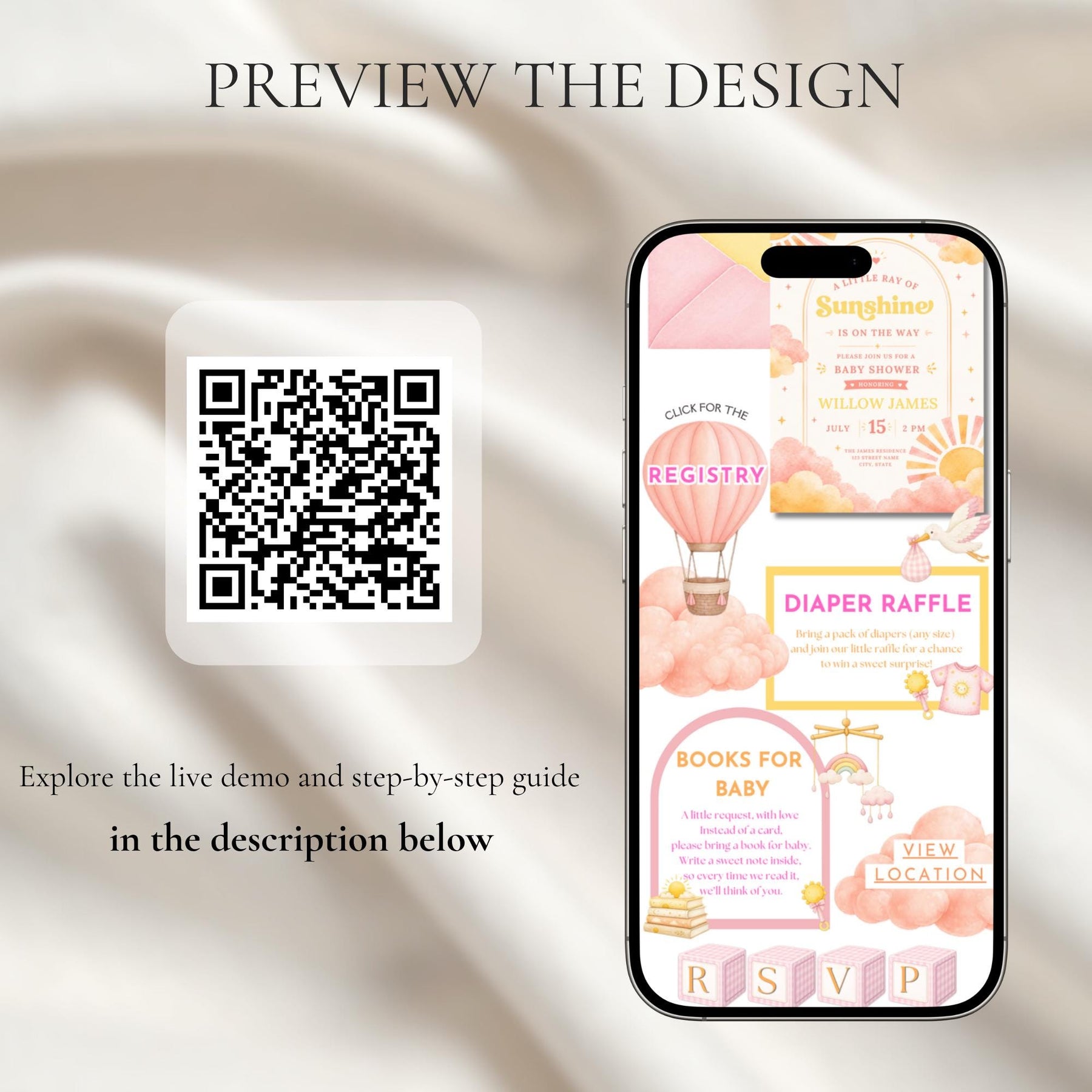 A Little Ray of Sunshine Baby Shower Website Invitation with RSVP | Editable Canva Template | Instant Download