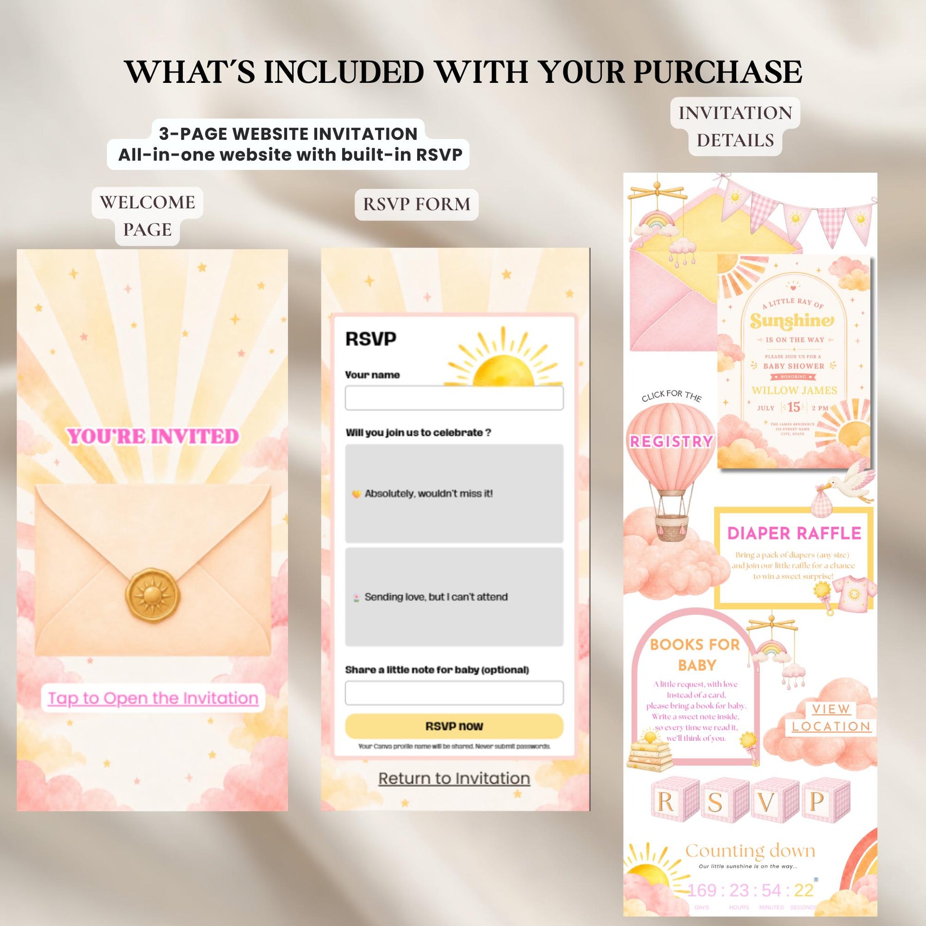 A Little Ray of Sunshine Baby Shower Website Invitation with RSVP | Editable Canva Template | Instant Download