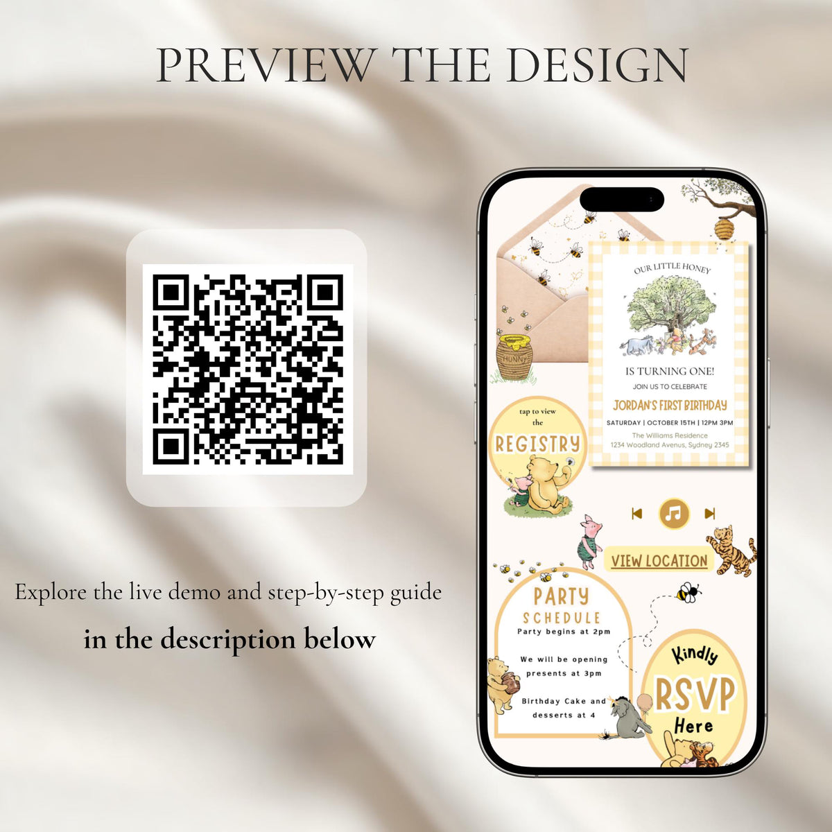 Winnie the Pooh First Birthday Website Invitation with RSVP | Editable Canva Template | Classic Pooh 1st Birthday Invite