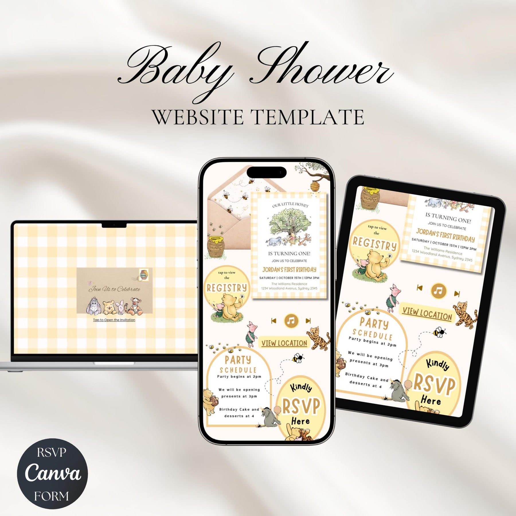 Winnie the Pooh First Birthday Website Invitation with RSVP | Editable Canva Template | Classic Pooh 1st Birthday Invite