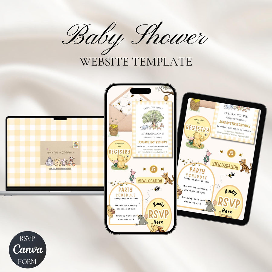 Winnie the Pooh First Birthday Website Invitation with RSVP | Editable Canva Template | Classic Pooh 1st Birthday Invite