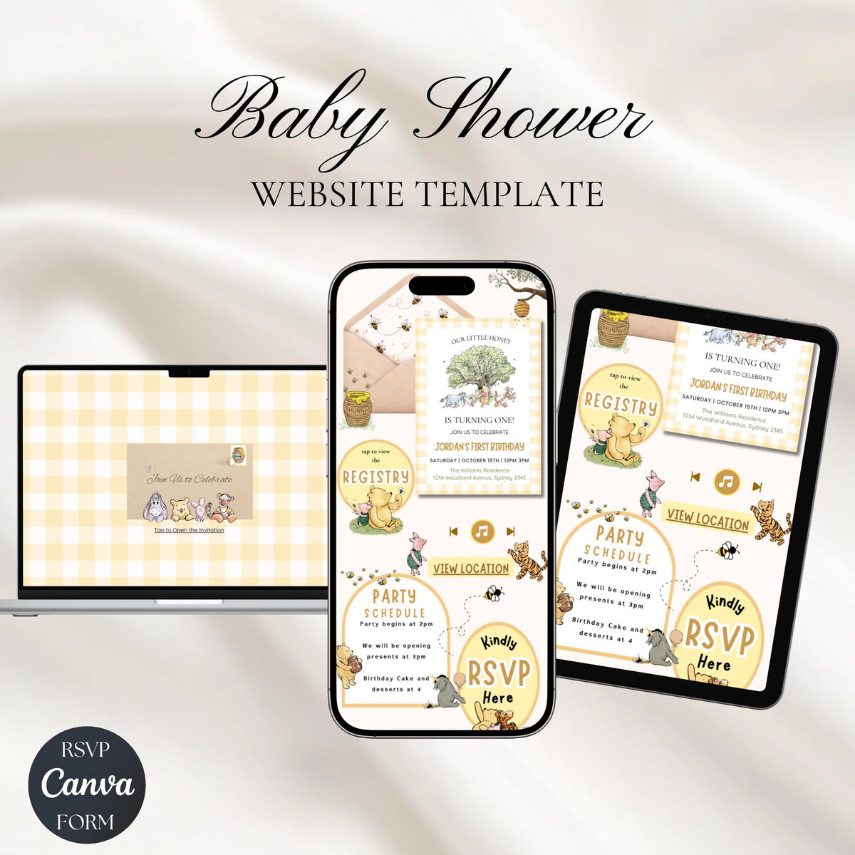 Winnie the Pooh First Birthday Website Invitation with RSVP | Editable Canva Template | Classic Pooh 1st Birthday Invite