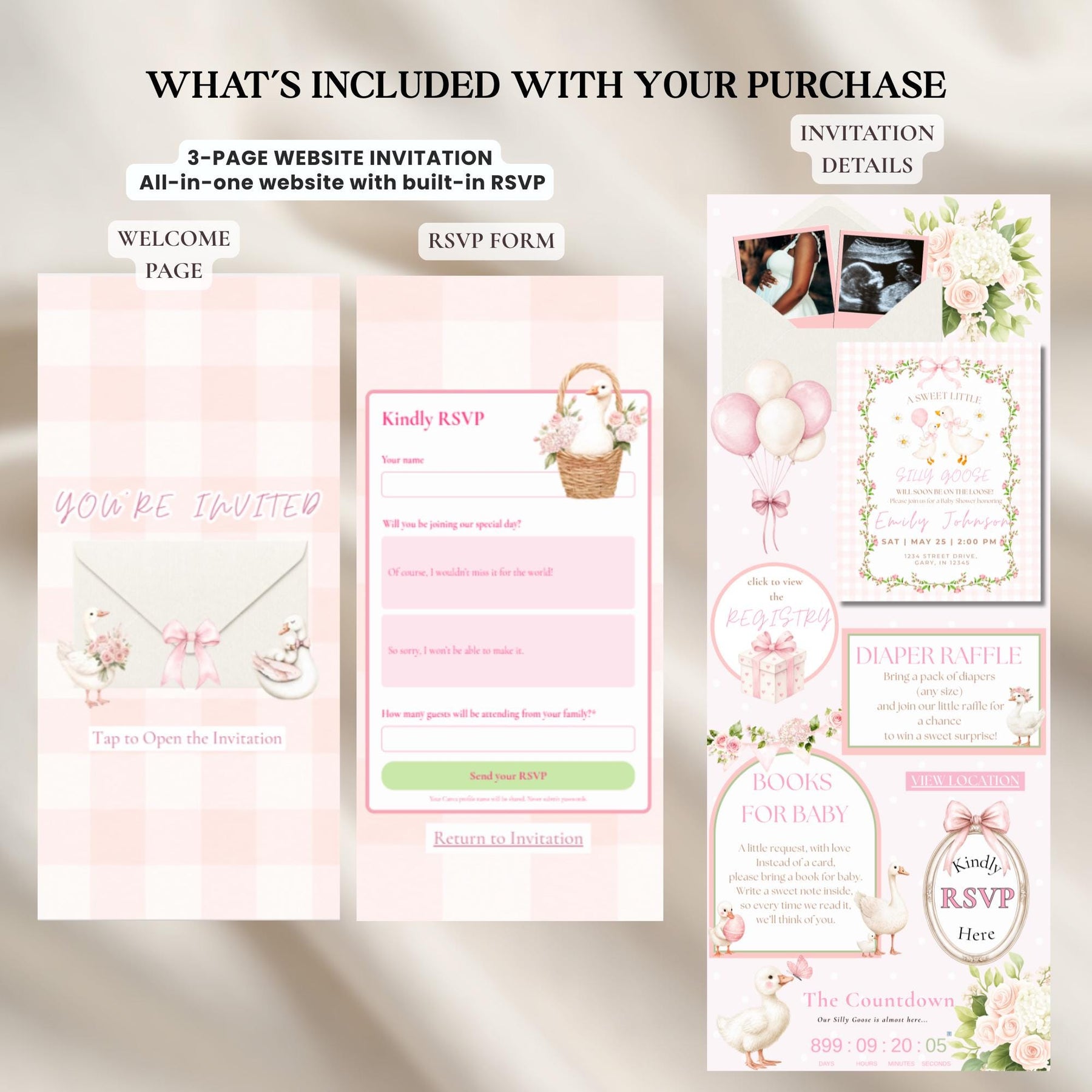 Silly Goose Baby Shower Invitation Website with RSVP | Editable Canva Template | Gender Neutral Goose Baby Shower Invite