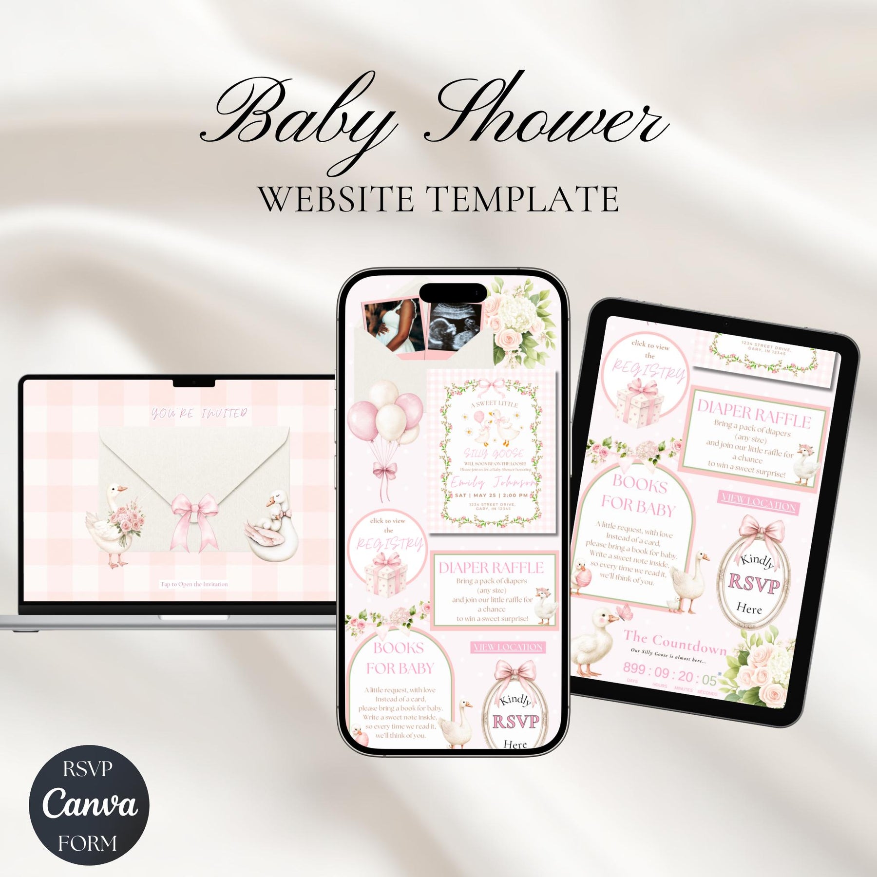 Silly Goose Baby Shower Invitation Website with RSVP | Editable Canva Template | Gender Neutral Goose Baby Shower Invite