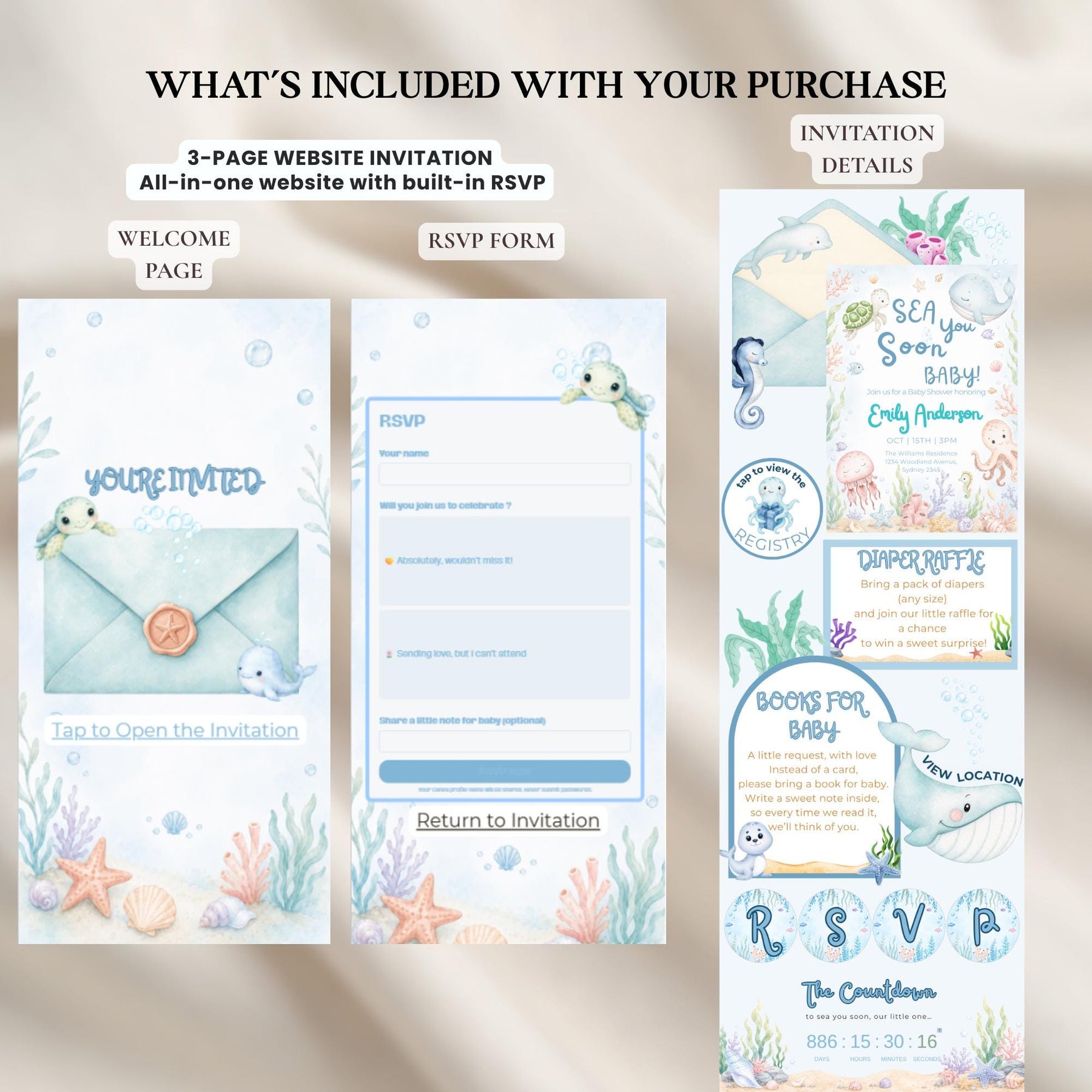 Sea You Soon Baby Shower Website Invitation with RSVP | Ocean Baby Shower Digital Invite | Editable Canva Template