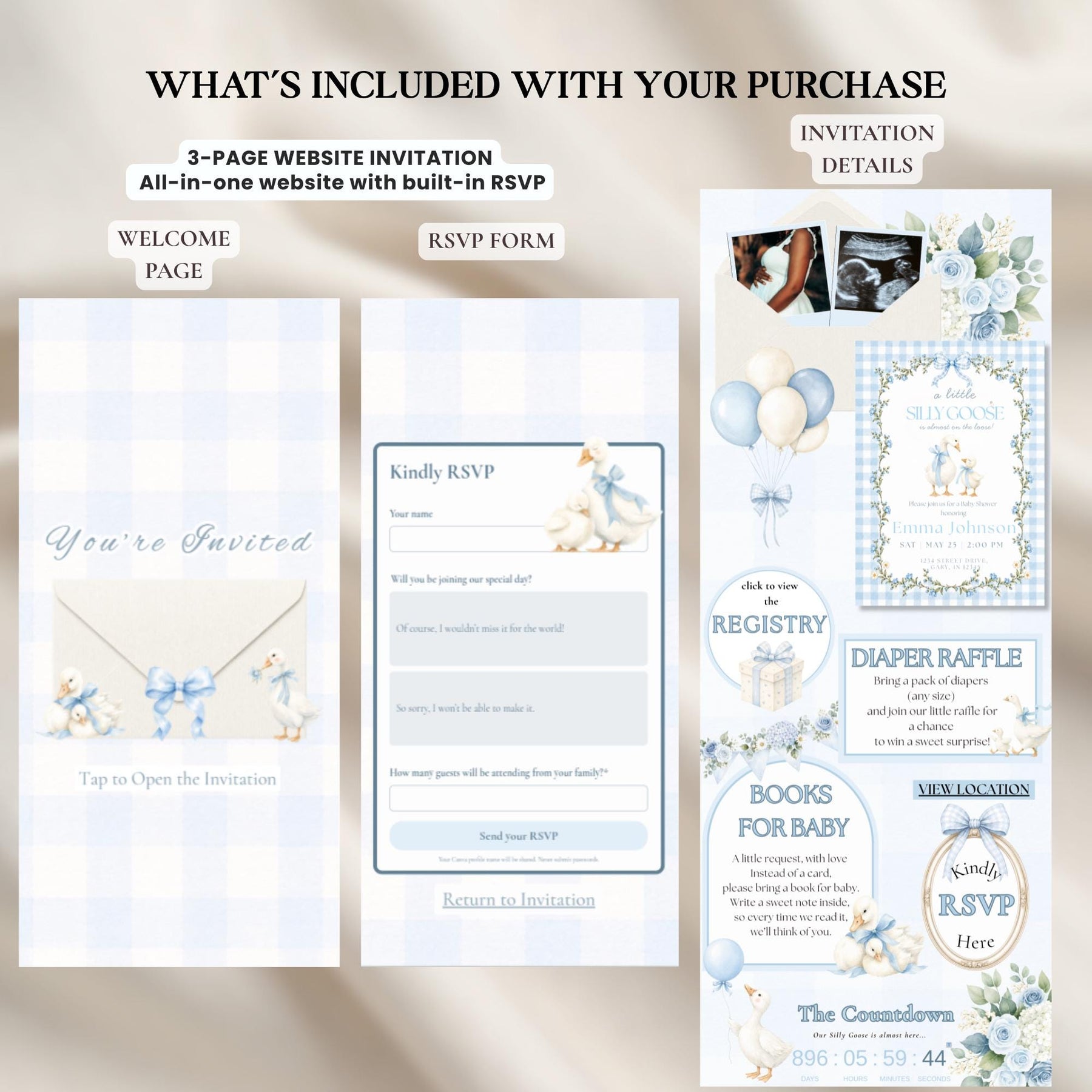 Blue Silly Goose Baby Shower Website Invitation with RSVP, Editable Canva Template, Gingham Goose Baby Shower Invite