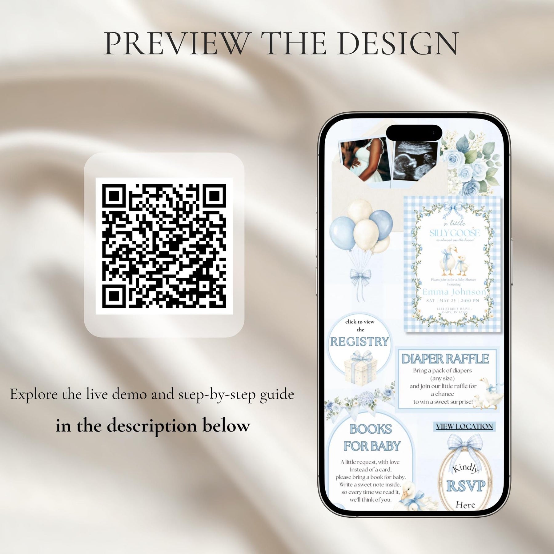 Blue Silly Goose Baby Shower Website Invitation with RSVP, Editable Canva Template, Gingham Goose Baby Shower Invite