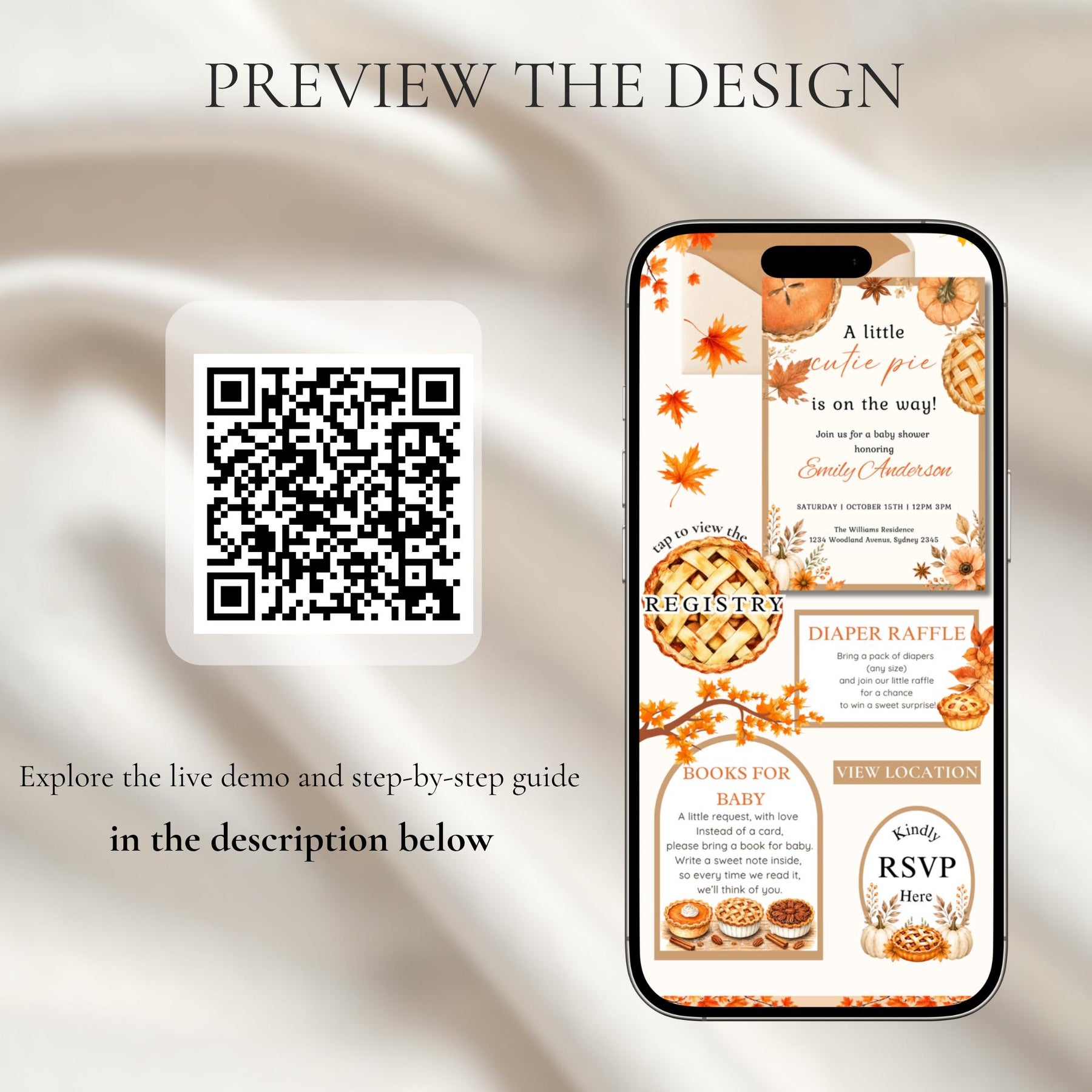 Cutie Pie Baby Shower Website Invitation with RSVP | Editable Pumpkin Pie Digital Invite | Fall Baby Shower Canva Template