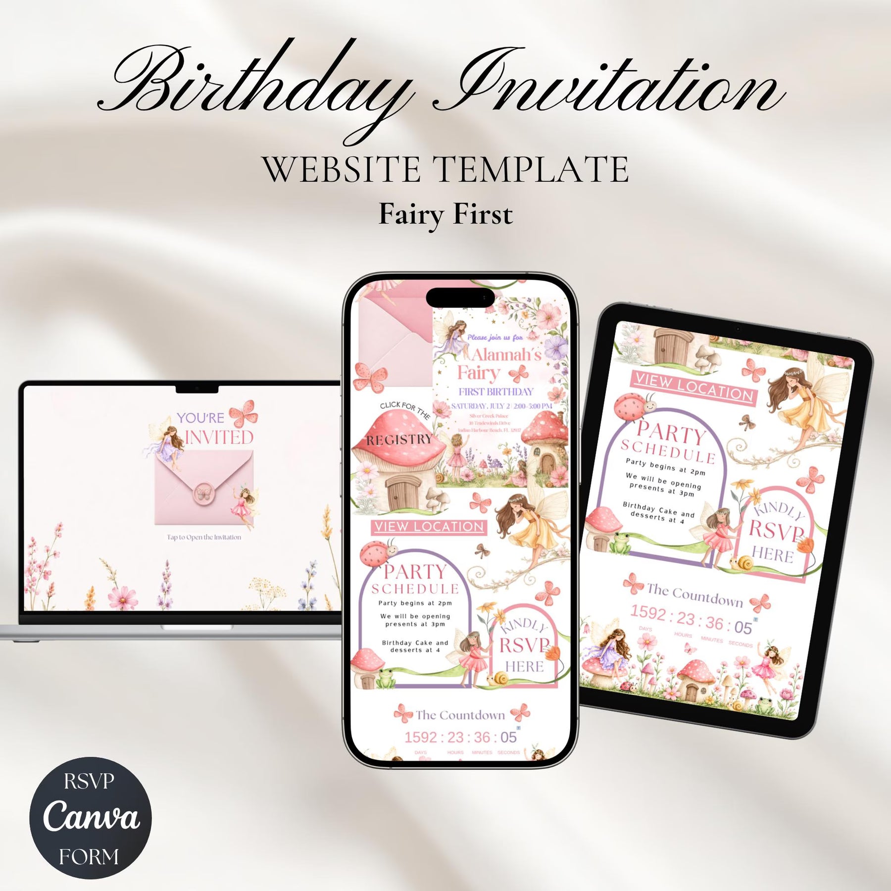 Fairy First Birthday Website Invitation Template | Enchanted Garden 1st Birthday Invite | Editable Canva Invitation with RSVP
