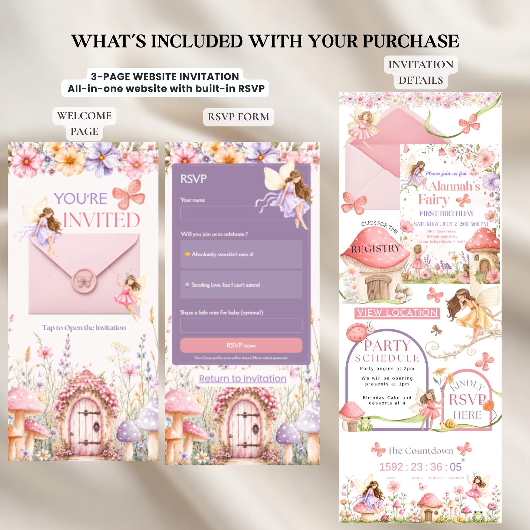 Fairy First Birthday Website Invitation Template | Enchanted Garden 1st Birthday Invite | Editable Canva Invitation with RSVP