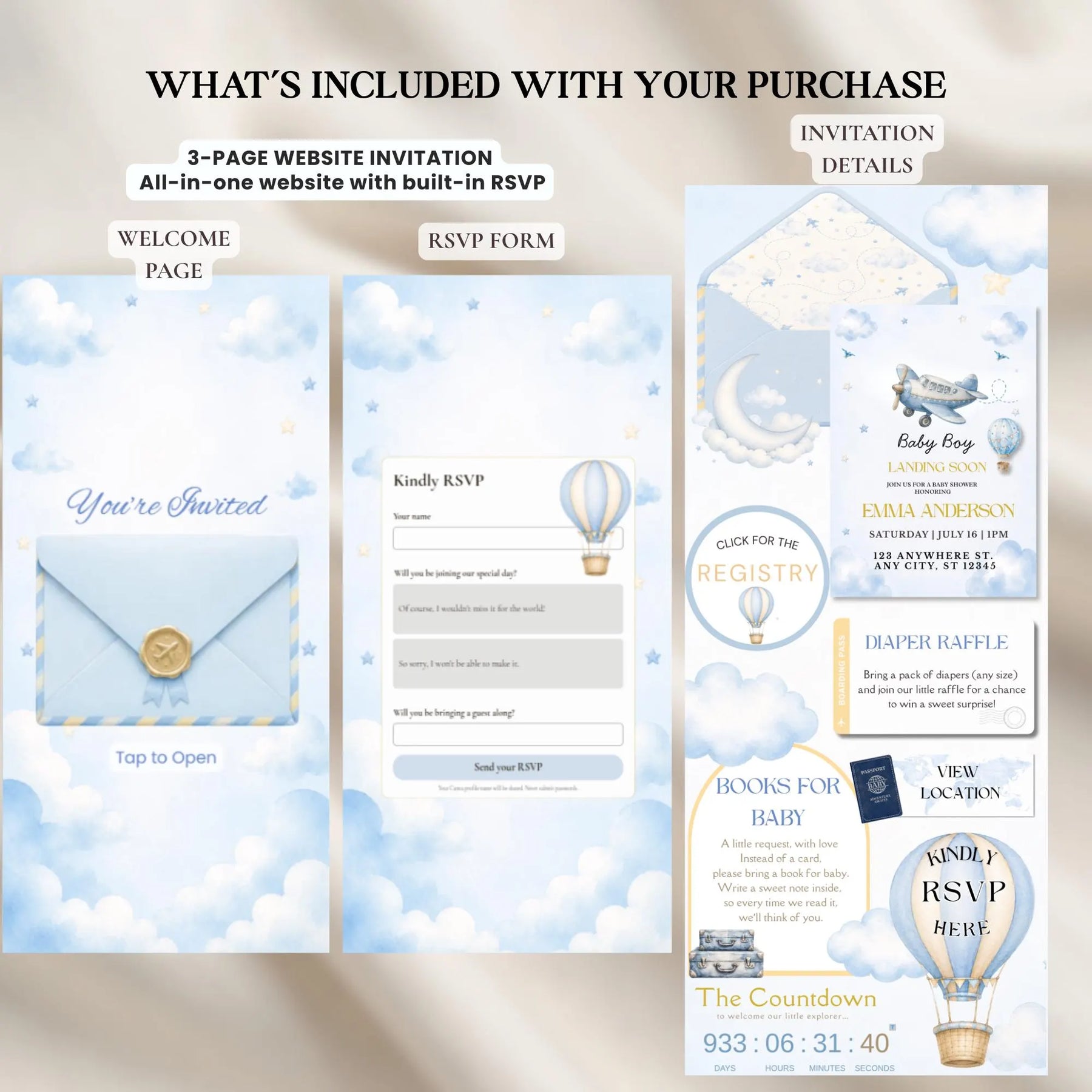Baby Landing Soon Website Invitation Template | Canva RSVP