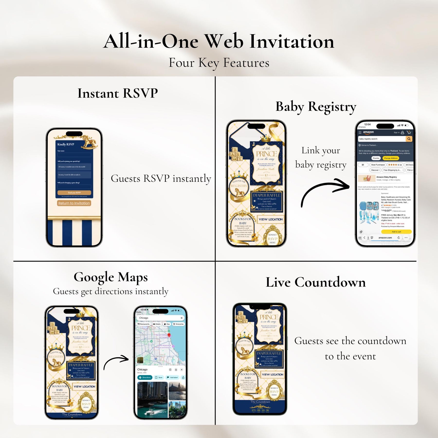 Royal Prince Baby Shower Invitation Website with RSVP | Editable Canva Baby Shower Invite | Blue & Gold Baby Boy Invitation