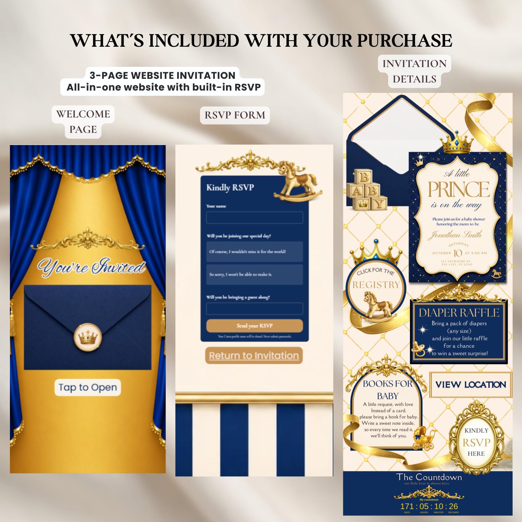 Royal Prince Baby Shower Invitation Website with RSVP | Editable Canva Baby Shower Invite | Blue & Gold Baby Boy Invitation