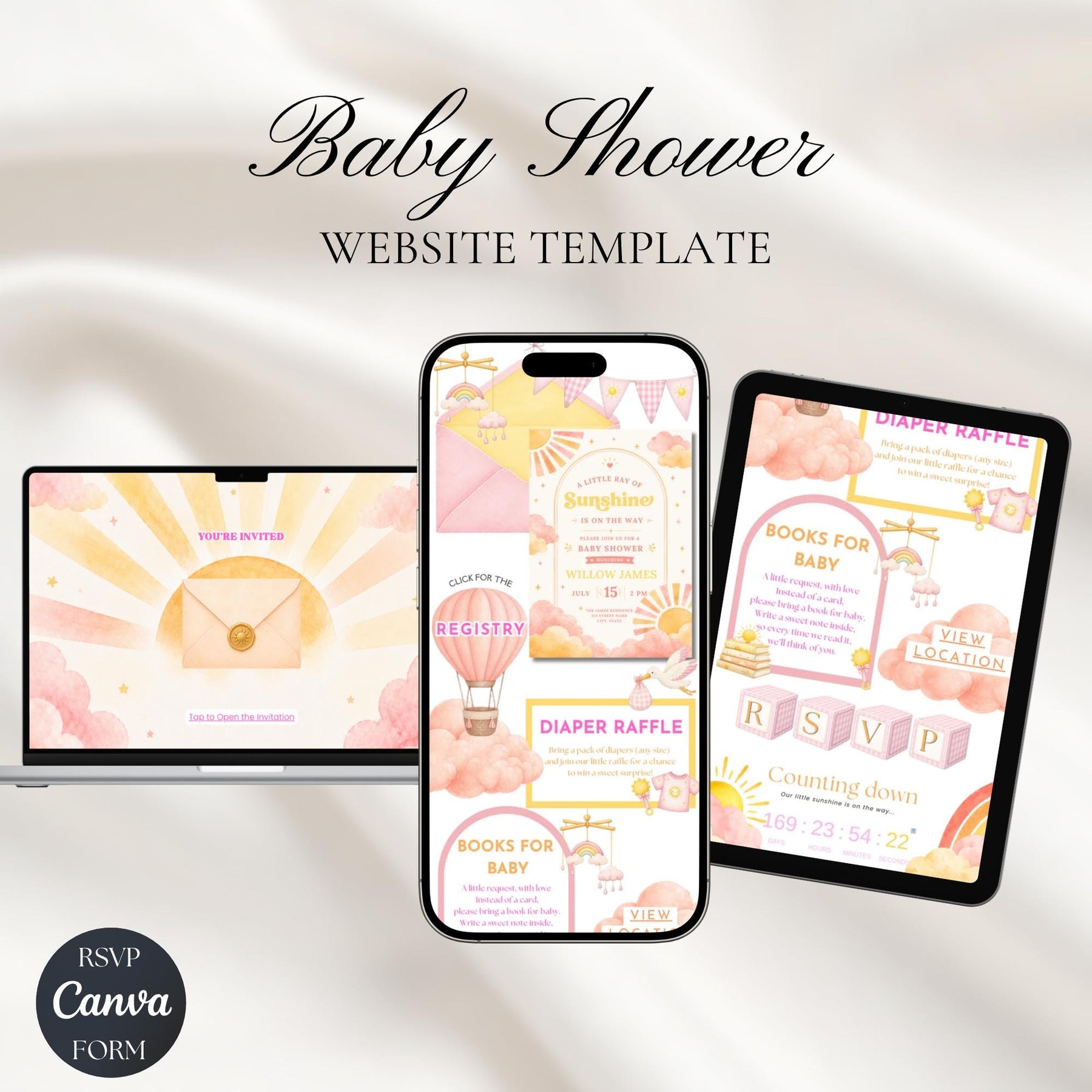A Little Ray of Sunshine Baby Shower Website Invitation with RSVP | Editable Canva Template | Instant Download