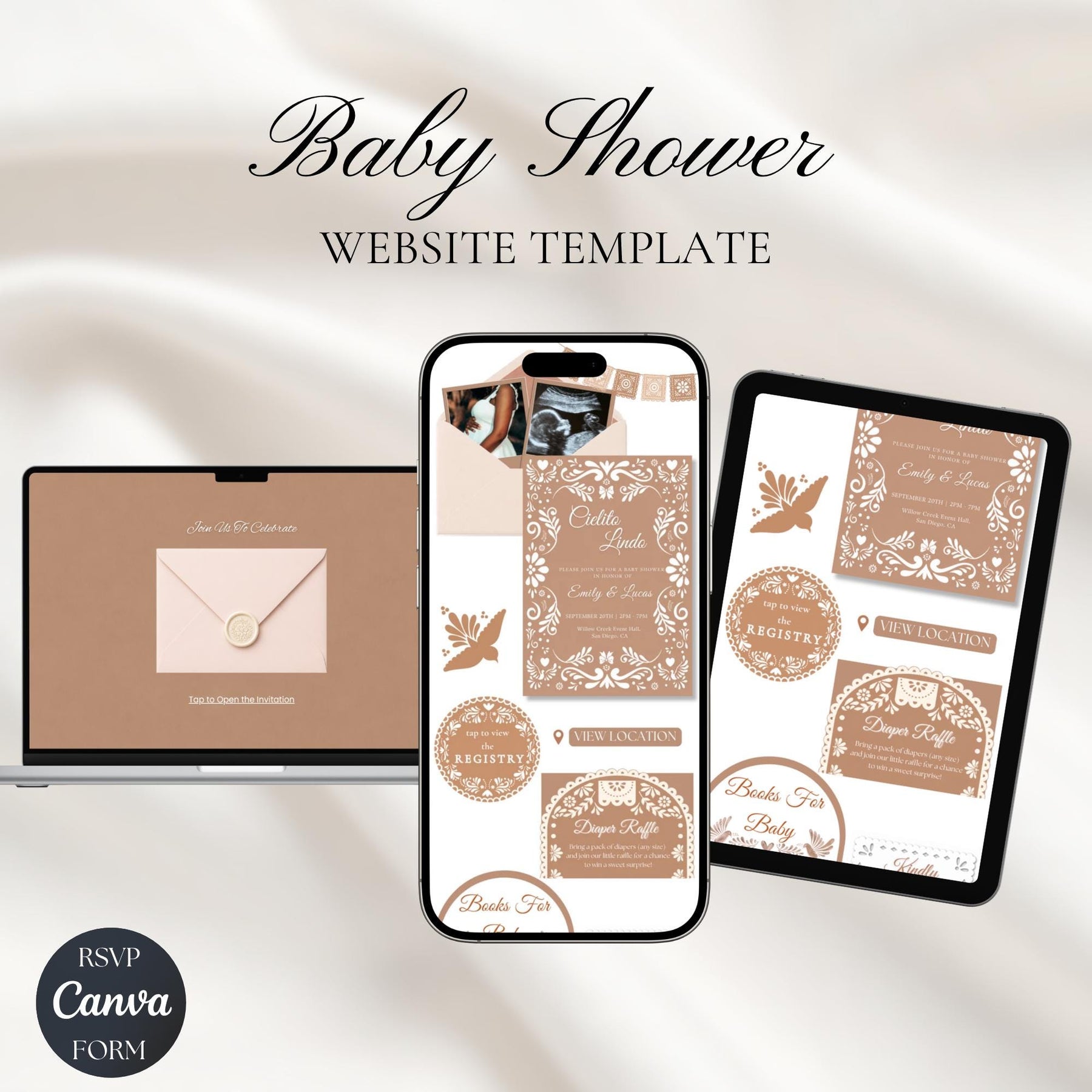 Editable Cielito Lindo Baby Shower Website Invitation | Mexican Fiesta Papel Picado Canva Template | Instant Download