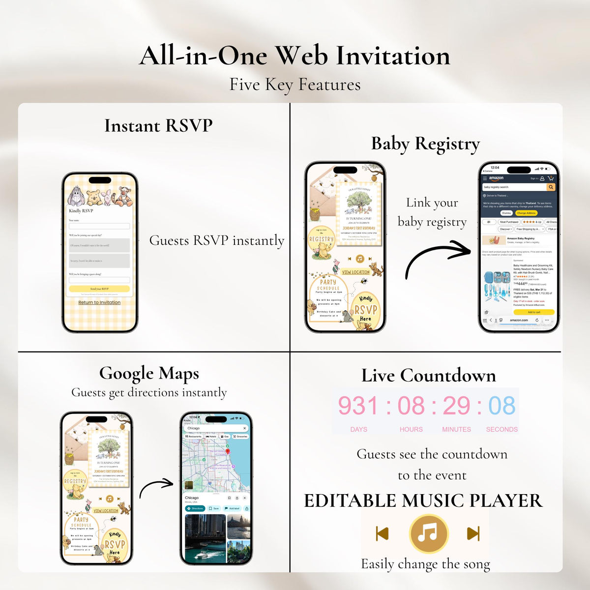 Winnie the Pooh First Birthday Website Invitation with RSVP | Editable Canva Template | Classic Pooh 1st Birthday Invite