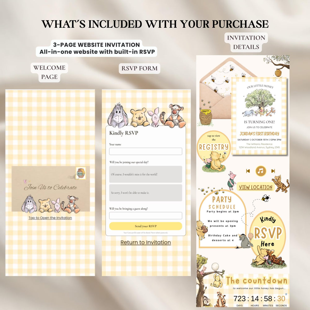 Winnie the Pooh First Birthday Website Invitation with RSVP | Editable Canva Template | Classic Pooh 1st Birthday Invite