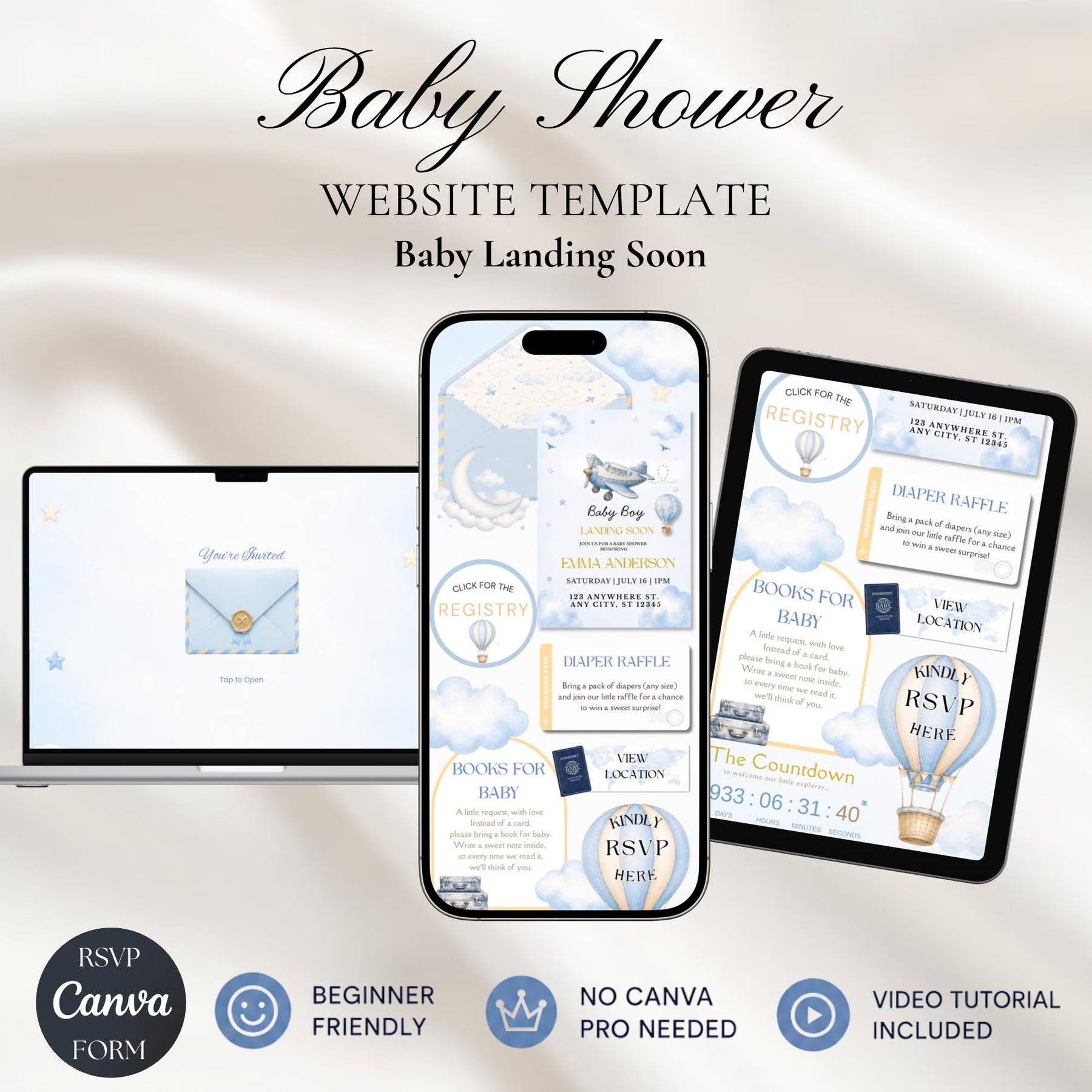 Baby Landing Soon Website Invitation Template | Canva RSVP