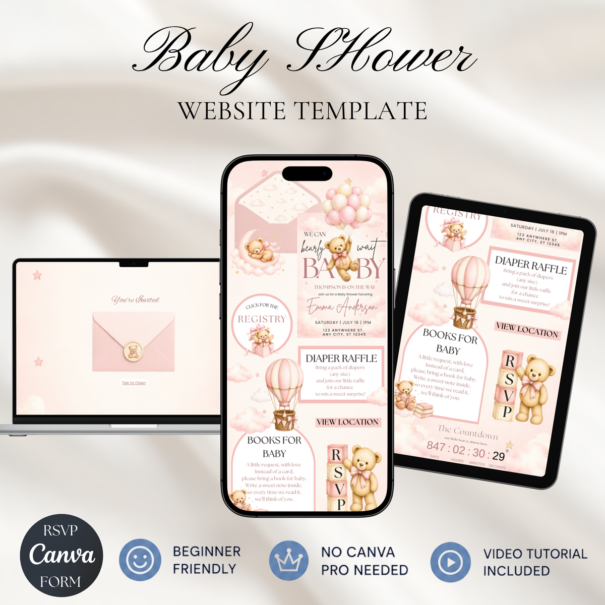 Pink Teddy Bear Baby Shower Website Invitation | Editable Canva RSVP Template