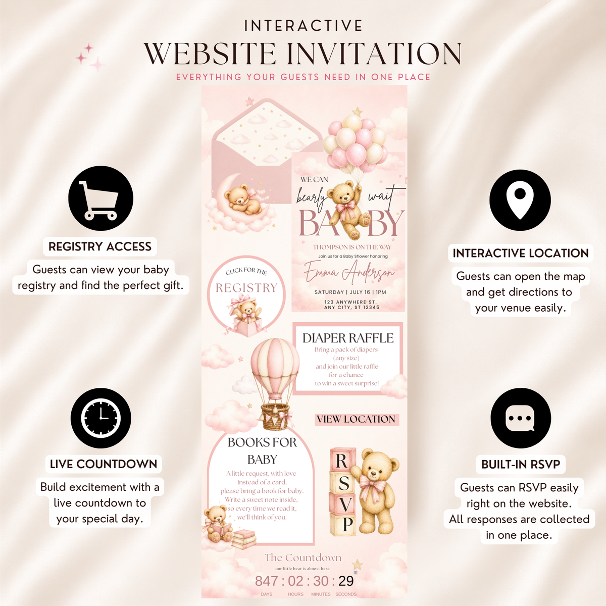 Pink Teddy Bear Baby Shower Website Invitation | Editable Canva RSVP Template