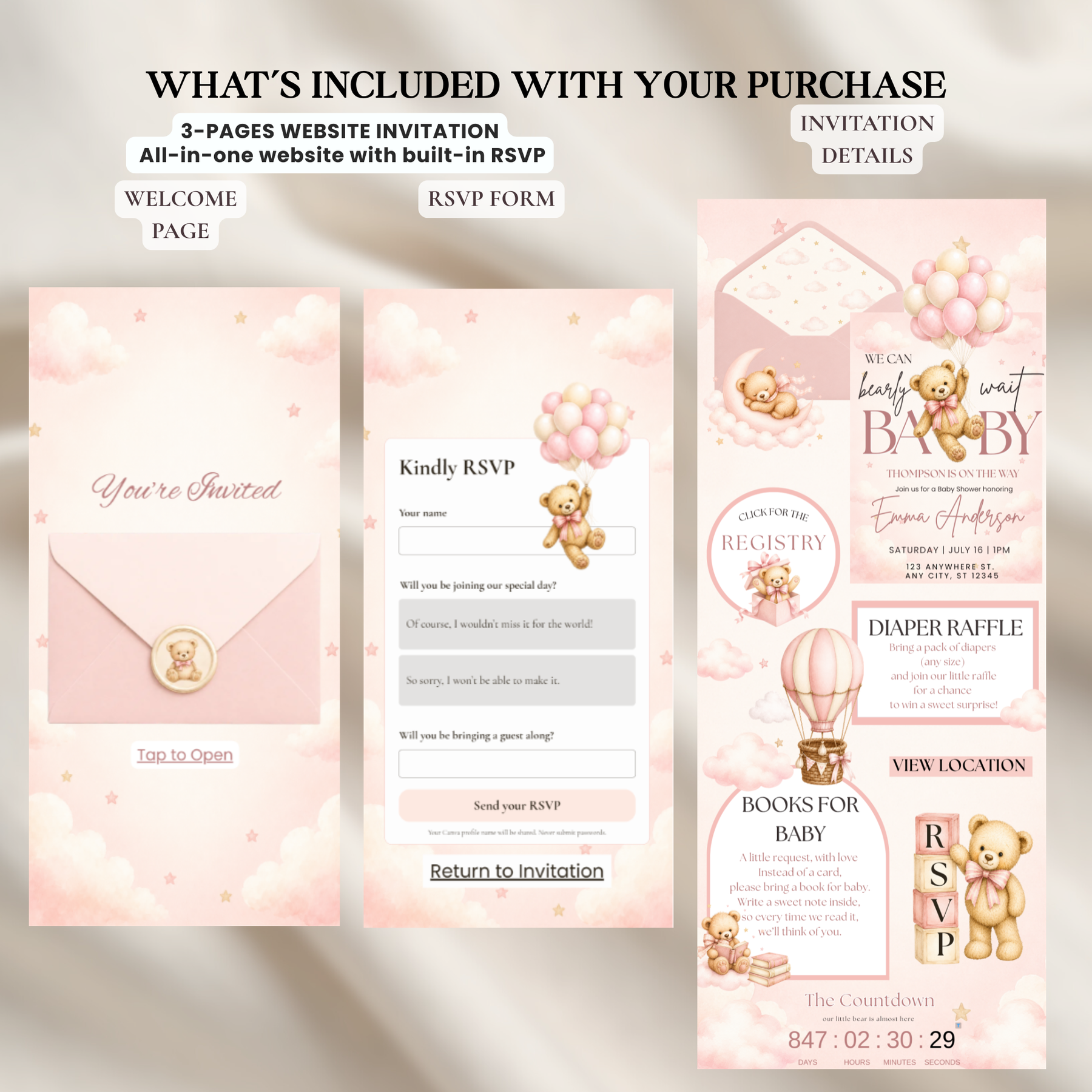 Pink Teddy Bear Baby Shower Website Invitation | Editable Canva RSVP Template